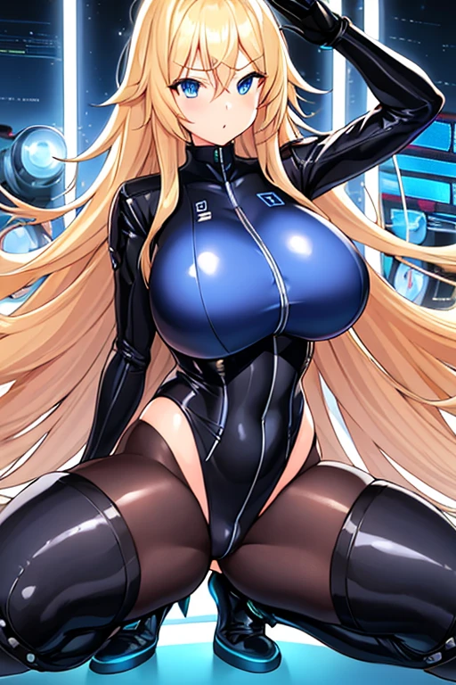 1girl, blonde hair, long hair, blue eyes, serious, black bodysuit, huge breasts, breasts, thick thighs, pilot suit, futurustic, machinery, tech, science-fiction, neon trim, neon lights, bodysuit, mature female, hourglass figure, toned, spread legs, squatting, salute, saluting