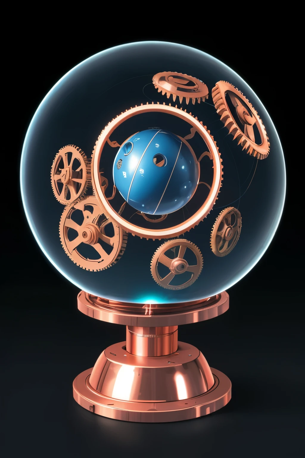 Maximum detailing. A small half-empty copper-colored mechanical ball with gears on its surface. With blue magic and energy glowing ball of energy inside. Empty space around