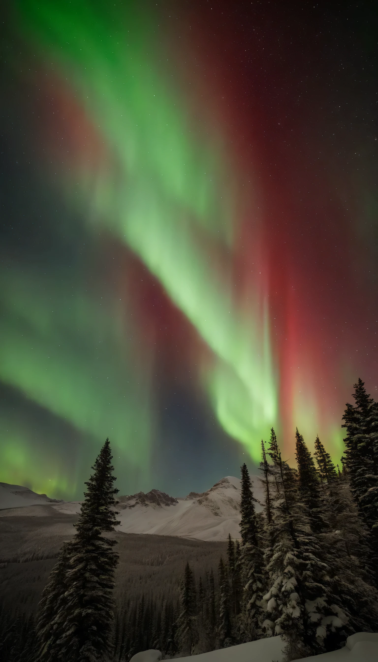 Master Parts、Superior Quality、superior image quality、The 8k quality、Beautiful pictures of the starry sky、magnifica、Arched Milky Way:1.25, Colorado mountains、some pine evergreen trees, spring season, (Red and green aurora borealis:1.5), night photography, no snow
