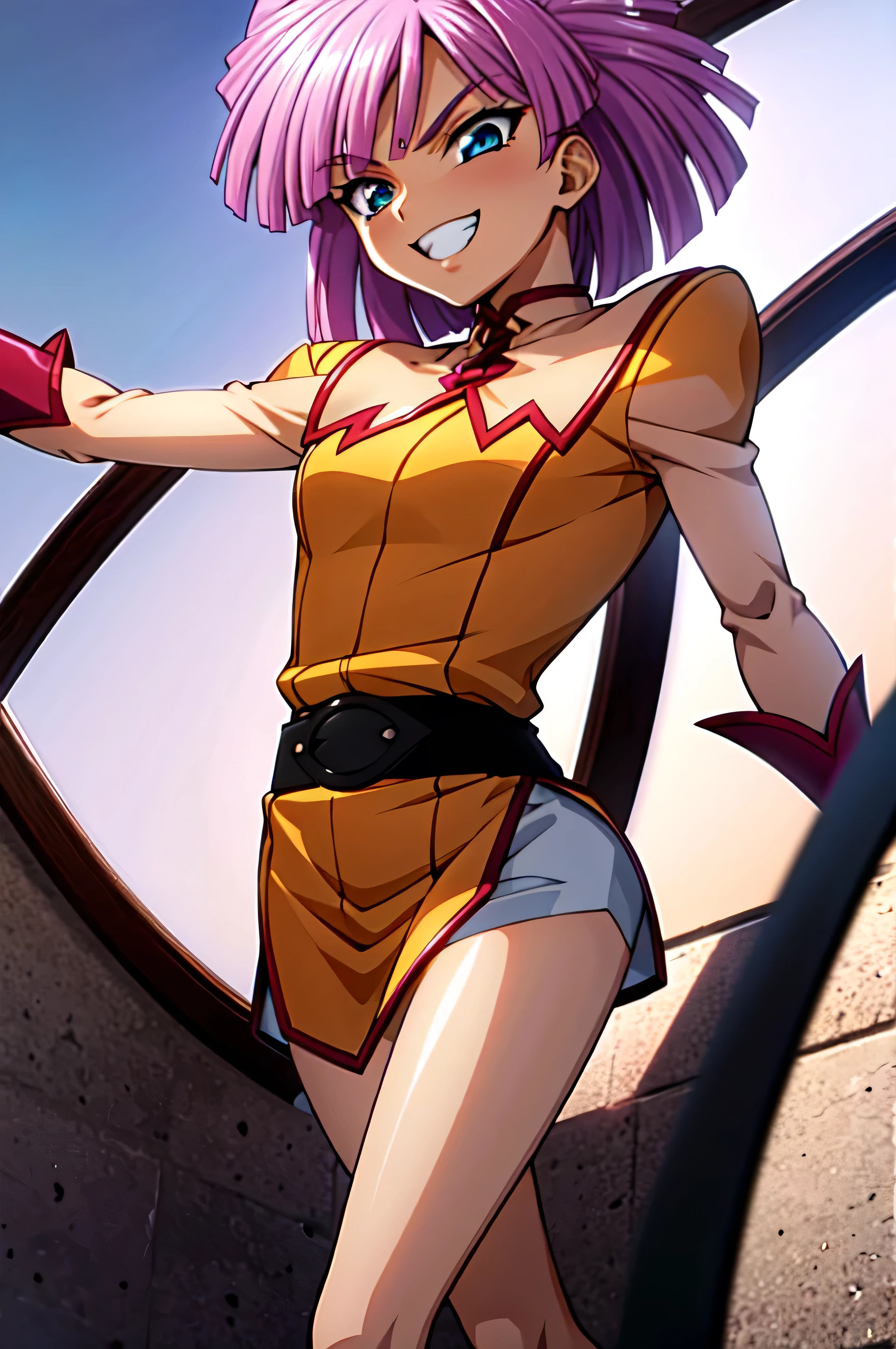 (best_quality 4K, 8K, High resolution, Masterpiece: 1.2), ultra detailed),from_below,(anime_screencap),(1girl,solo),dynamic_angle,evil_smile,evil laugh,tis,shadeded_face,sadistic,bob short  hair,