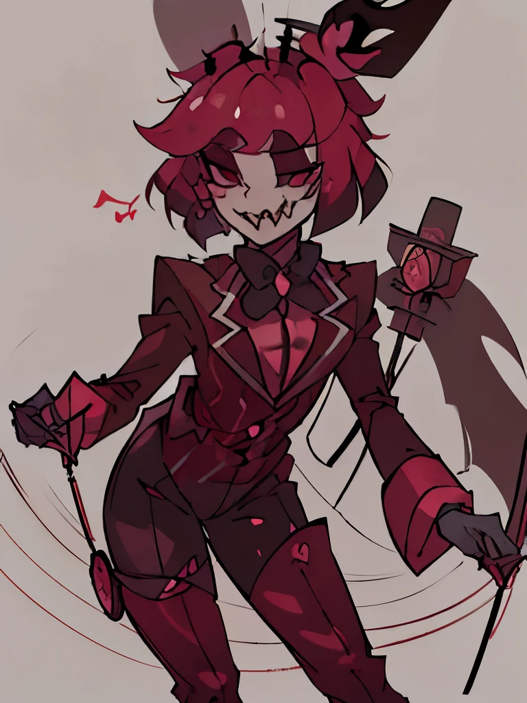 Alastor from hazbin hotel intimidating the viewer, full body drawing, horror, scary, attractive, (best quality,4k,8k,highres,ultra-detailed,horror,anime,professionally lit, vibrant colors, sharp focus, detailed facial features, wicked smile, piercing red eyes, slicked-back black hair, formal attire, top hat, radio microphone, vintage aesthetic, eerie lighting, ominous atmosphere, haunting presence all, lean figure with deer-like antlers on his head, boasting pale white skin, sharp teeth, and striking red eyes. vintage 1930s style attire, black suit with white pinstripes and a stylish red bow tie, complemented by a black top hat adorned with a distinctive red band, embodying the essence of a classic radio host from the early 20th century, which perfectly matches his charismatic and charming demeanor in the series.