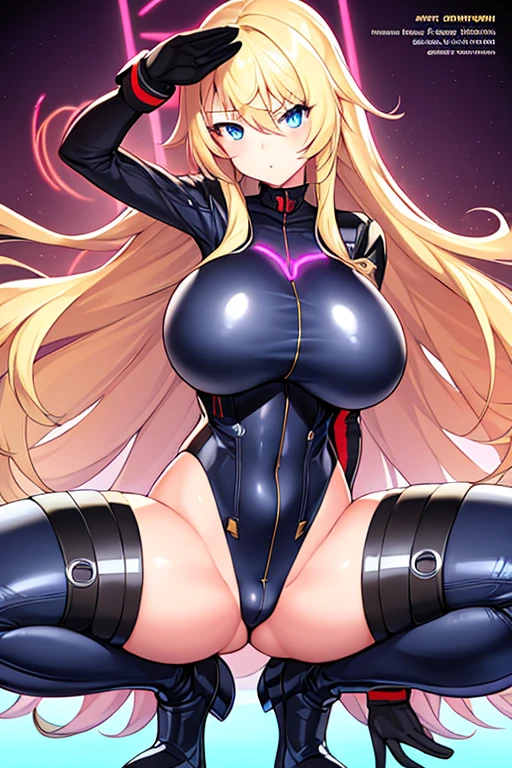 1girl, blonde hair, long hair, blue eyes, serious, black bodysuit, huge breasts, breasts, thick thighs, pilot suit, futurustic, machinery, tech, science-fiction, neon trim, neon lights, bodysuit, mature female, hourglass figure, toned, squatting, spread legs, salute,