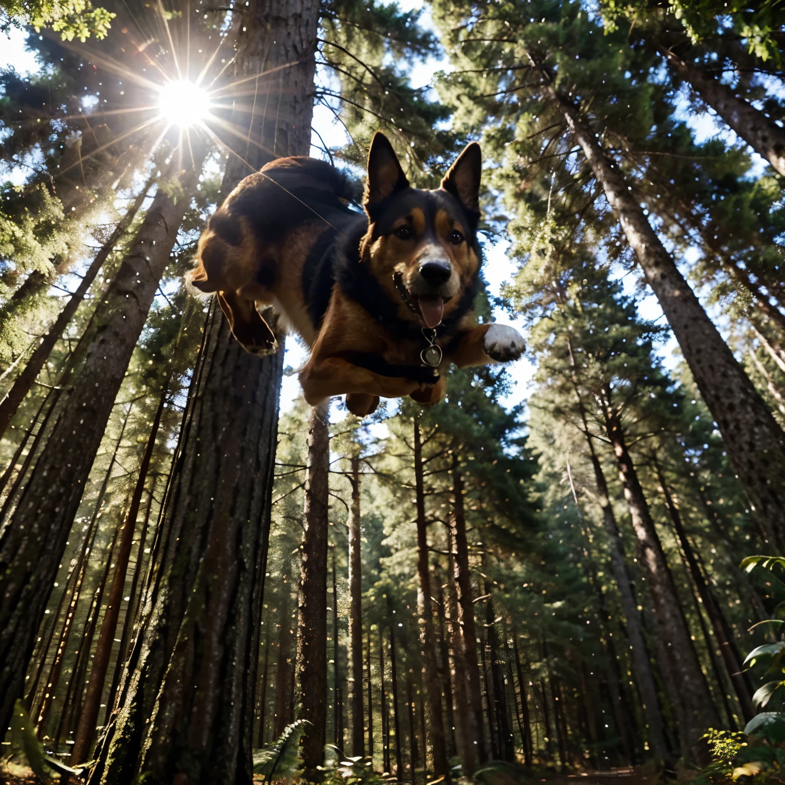Image of a dog flying between tall trees in a forest, usando uma capa que flutua ao vento, enquanto emite uma aura brilhante ao redor de seu corpo para representar seus poderes.