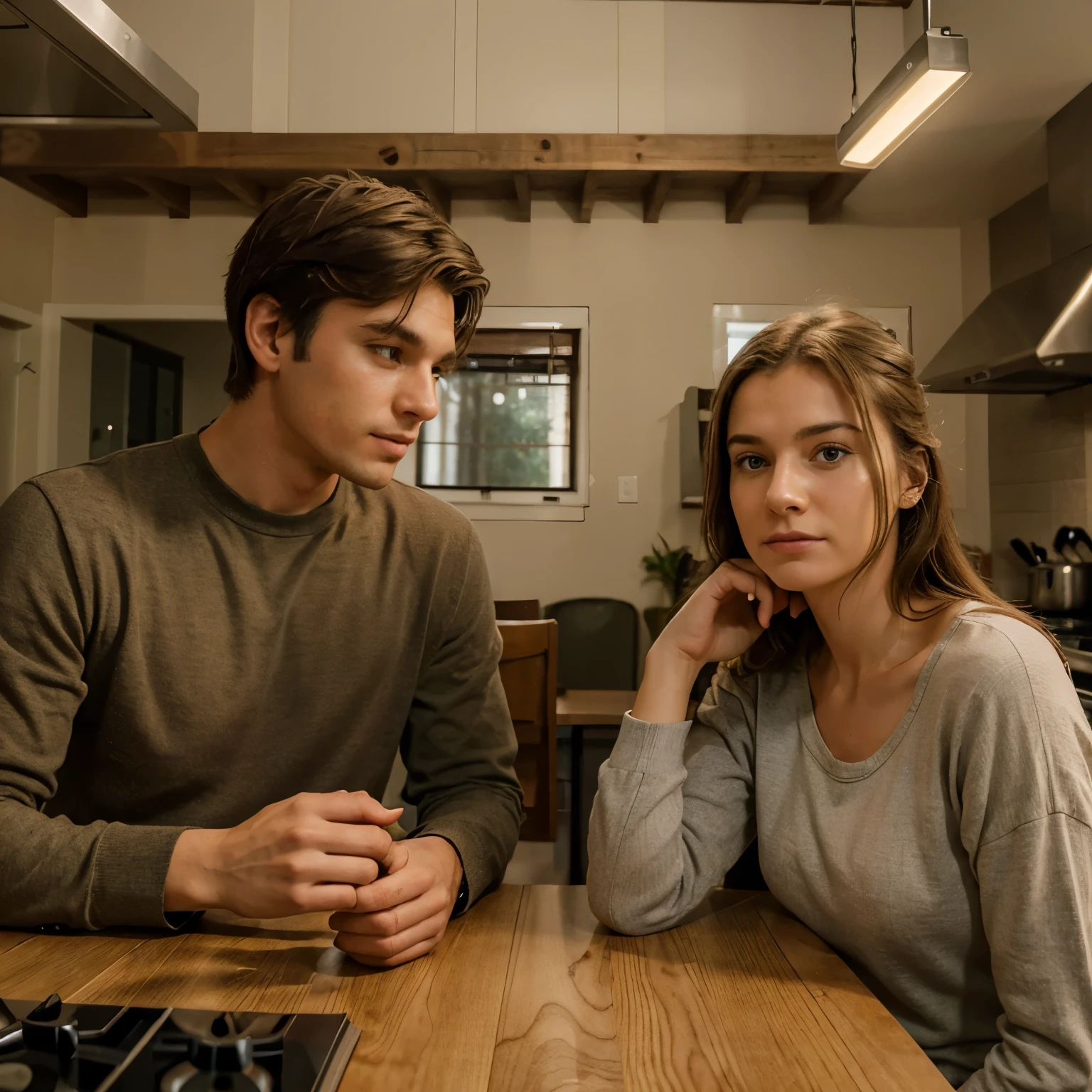 Create an ultra-realistic image of a young couple at home, discussing veterinary bills with concerned expressions. The couple is seated at a kitchen table on the left side of the image, with the right side available for text. The setting is cozy, with a focus on warm interior colors.