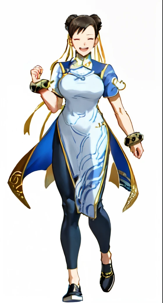 masterpiece, high quality, 最high quality, One girl, (muscle質:1), muscle, Abdominal muscles, Biceps, Thighs, Oblique muscles, Abdominal muscles lines, navy, Thighs, fit, (Huge breasts:1.0), Buffs, (Mouth closed, Half-laugh), (whole bodyを覆う服装, Functional and modest clothing:1.5), Chunli, alone, leggings, China dress, Gold trim, ribbon, leggings, bracelet, Double good, compensate, Black shoes, (White Background, Clear Background, Simple Background:1.5), Anime screenshots, Anime key visual, (whole body:1.25), 