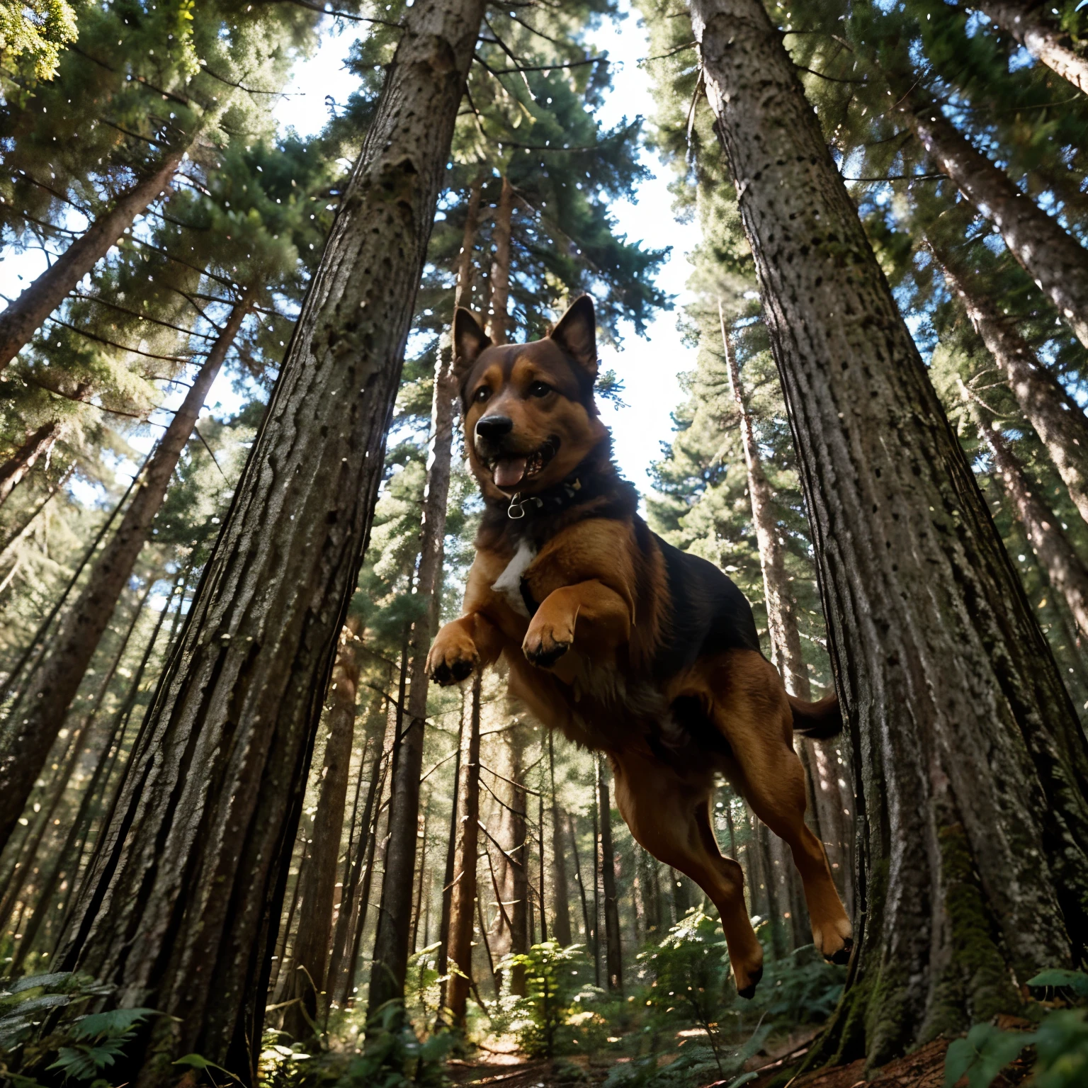 Image of a dog flying between tall trees in a forest, usando uma capa que flutua ao vento, enquanto emite uma aura brilhante ao redor de seu corpo para representar seus poderes.