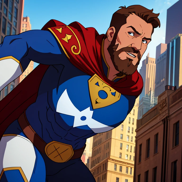 Male superhero, James A. Garfield face and facial hair, (red, white, and blue) skin tight costume, ((G emblem on chest)), cape, middle age, flying, located in New York City.