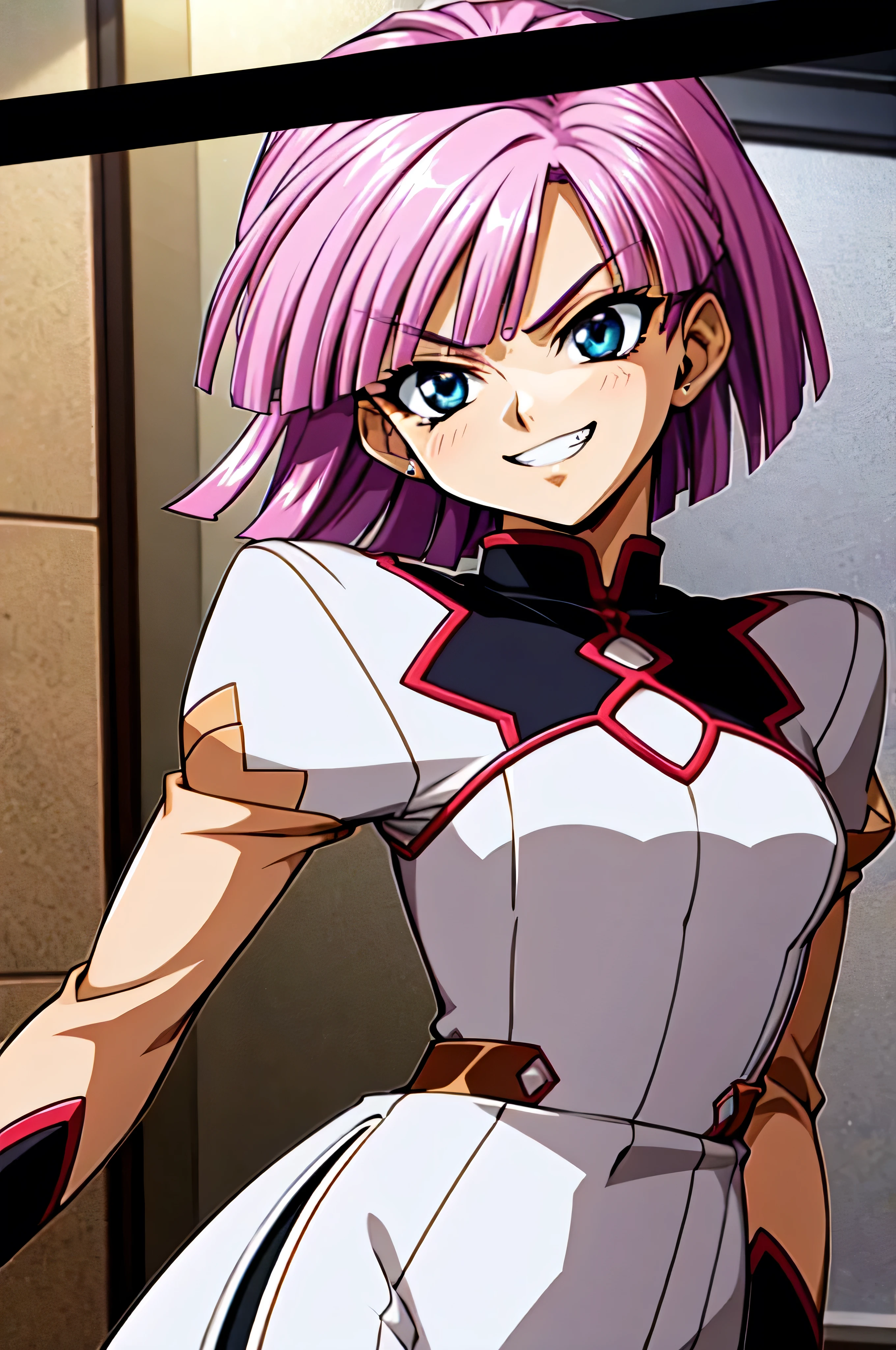 (best_quality 4K, 8K, High resolution, Masterpiece: 1.2), ultra detailed),from_below,(anime_screencap),(1girl,solo),dynamic_angle,evil_smile,evil laugh,tis,shadeded_face,sadistic,bob short  hair,