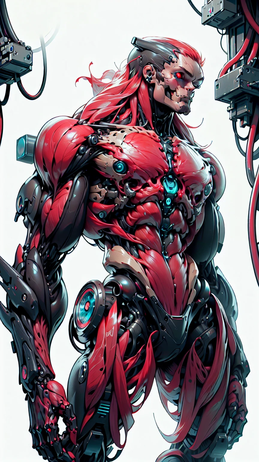 (1 girl), (megan fox:1.25), (muscular android girl wearing a red anatomic bio-mecha cybernetic muscle suit:1.25), (wide shoulders:1.25), (muscular defined physique:1.25), perfect hands, (long hair:1.25), looking at viewer, high resolution image, extreme detail, blank background