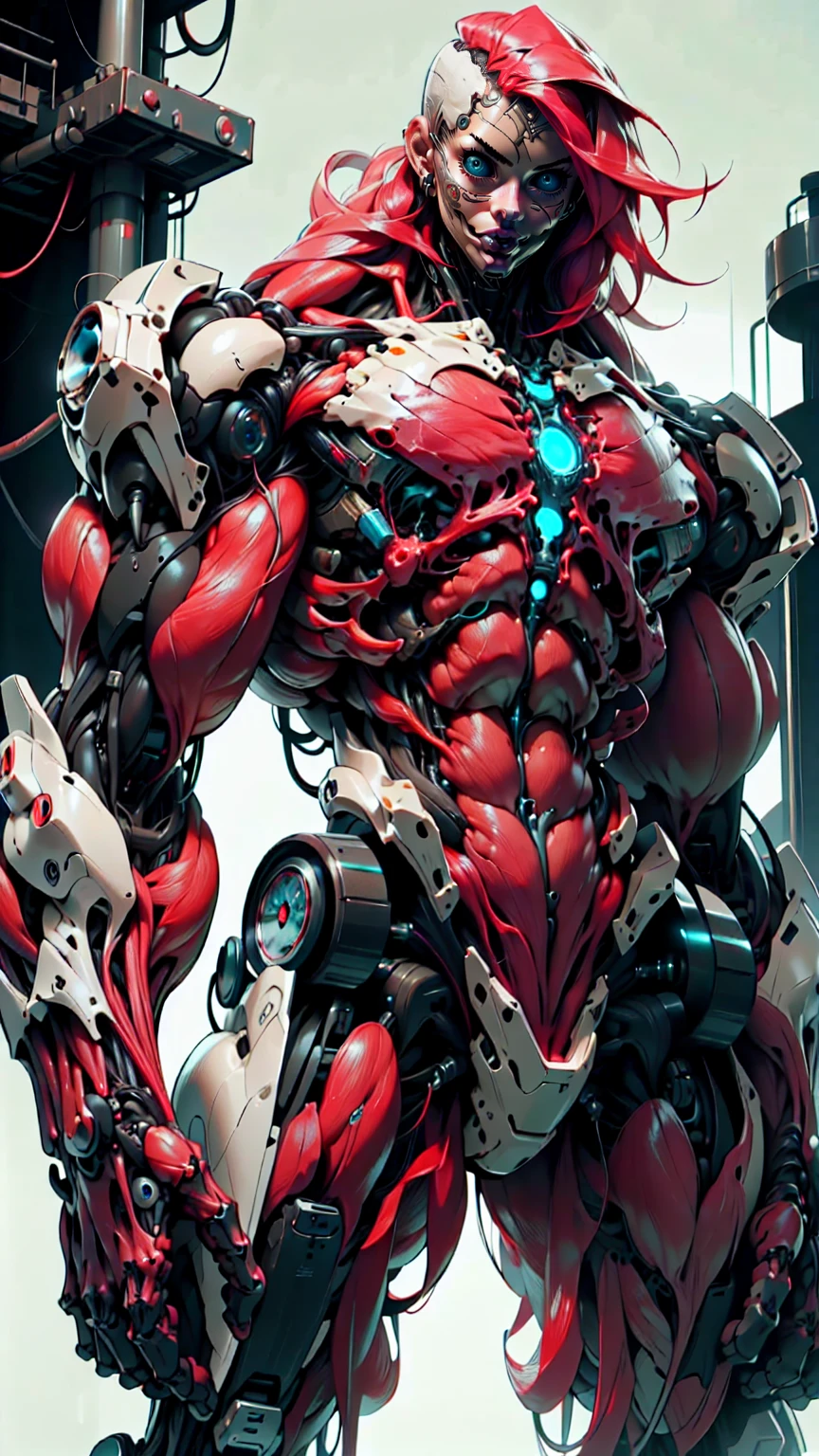 (1 girl), (megan fox:1.25), (muscular android girl wearing a red anatomic bio-mecha cybernetic muscle suit:1.25), (wide shoulders:1.25), (muscular defined physique:1.25), perfect hands, (long hair:1.25), looking at viewer, high resolution image, extreme detail, blank background