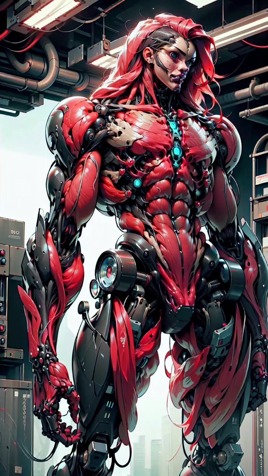 (1 girl), (megan fox:1.25), (muscular android girl wearing a red anatomic bio-mecha cybernetic muscle suit:1.25), (wide shoulders:1.25), (muscular defined physique:1.25), perfect hands, (long hair:1.25), looking at viewer, high resolution image, extreme detail, blank background