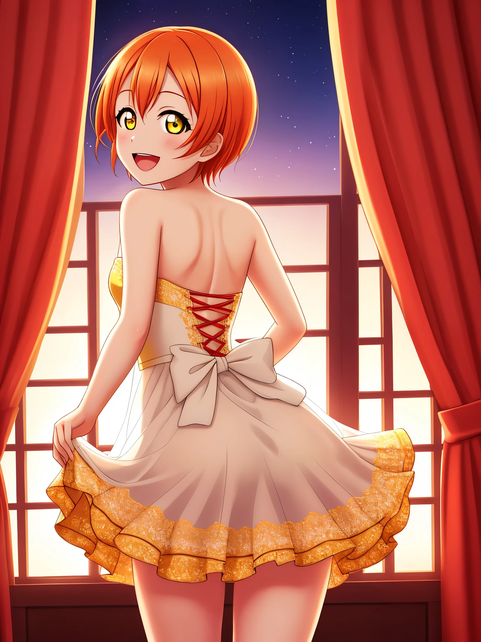 (best quality,ultra-detailed), cowboy shot,Hoshizora Rin,orange hair,yellow eyes,looking_at_viewer, blush, dress, bare_shoulders, standing, ass, shiny, looking_back, clothes_lift, from_behind, see-through, strapless, night, back, thigh_gap, curtains, cross-laced_clothes, k,portraits,vivid colors,warm tones,soft lighting,standing , smile,:D