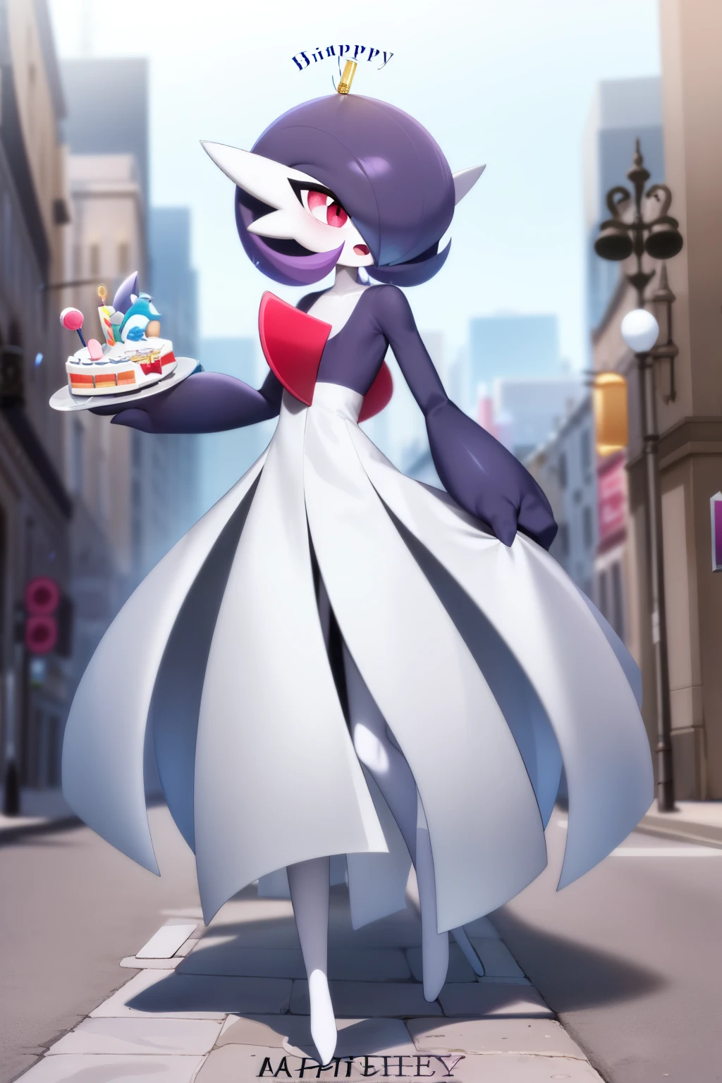 Masterpiece, best quality, 1 girl, solo, gardevoir, white dress, creatures \(company\), freak game, Nintendo, pokemon, pokemon \(game\), punches, colored skin, female focus, flat chest, Pokémon generation 3, dark purple hair, faded hair, dark purple skin, hair over one eye, multi-colored skin, pokemon \(creature\), red eyes, black pupil, short hair, two-tone skin, white skin, vial cone in head, city backgrounds, standing smile, open mouth, full body, holding a birthday cake in his hand