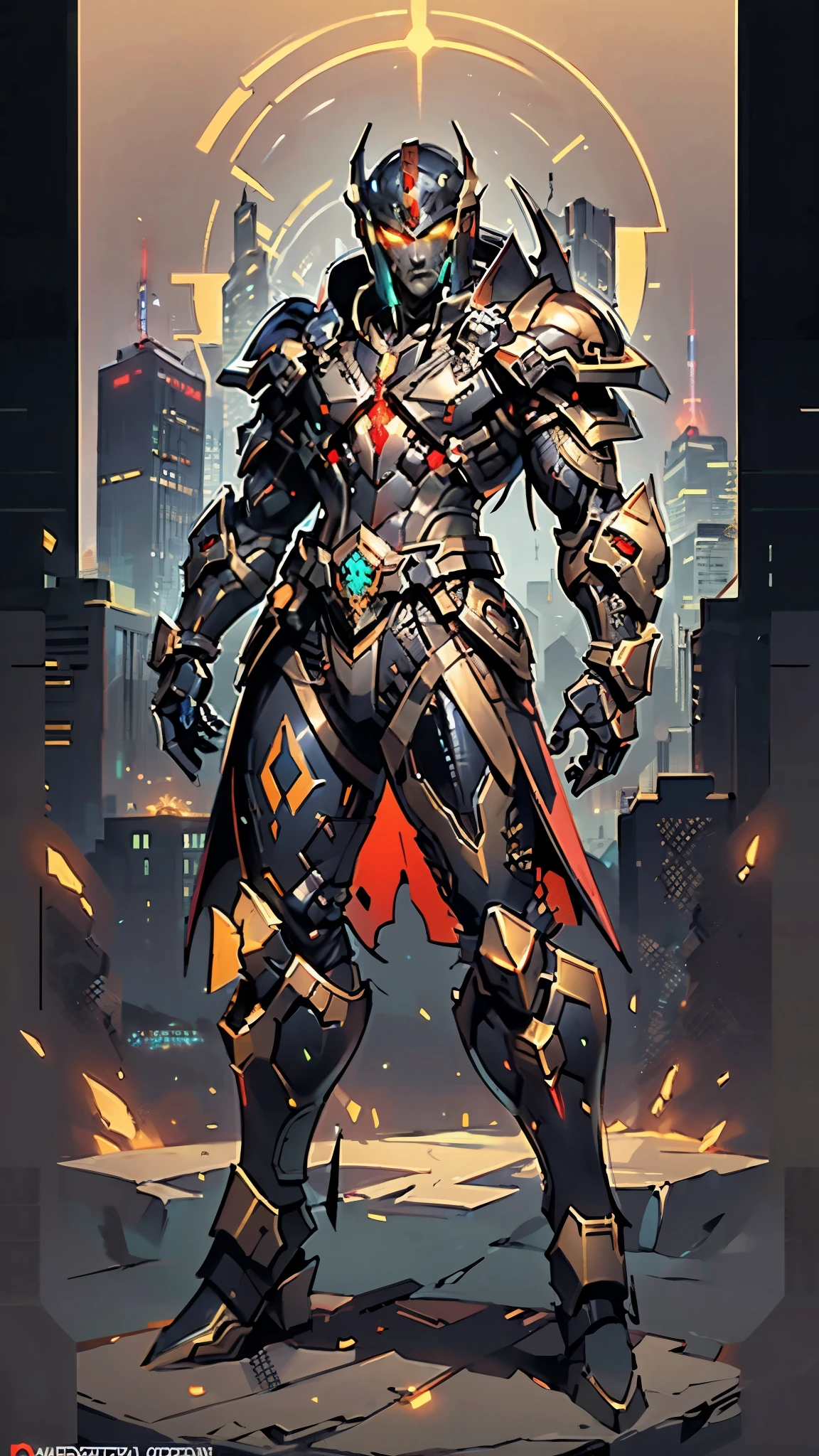 A man wearing a full-face helmet, a fantasy-style biotech armored combat suit, green eyes, (a composite layered chest armor), fully enclosed shoulder guards, matching arm and leg guards, the belt is adorned with dragon claw grasping orbs, (primarily black with red accents), the design balances heavy with agility, a high-tech bio-mecha armor, (Dynastinae concept Armor, stand on the top of a skyscraper in a futuristic sci-fi city), this character embodies a finely crafted fantasy-surreal style armored hero in anime style, exquisite and mature manga art style, (element, plasma, energy, the armor glows), ((male:1.5)), metallic, real texture material, dramatic, high definition, best quality, highres, ultra-detailed, ultra-fine painting, extremely delicate, professional, perfect body proportions, golden ratio, anatomically correct, symmetrical face, extremely detailed eyes and face, high quality eyes, creativity, RAW photo, UHD, 32k, Natural light, cinematic lighting, masterpiece-anatomy-perfect, masterpiece:1.5