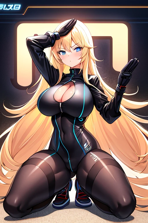 1girl, blonde hair, long hair, blue eyes, serious, black bodysuit, large breasts, breasts, thick thighs, pilot suit, futurustic, machinery, tech, science-fiction, neon trim, neon lights, bodysuit, tall, tall female, hourglass figure, toned, squatting, spread legs, salute, sneakers, ((full body)), full_body