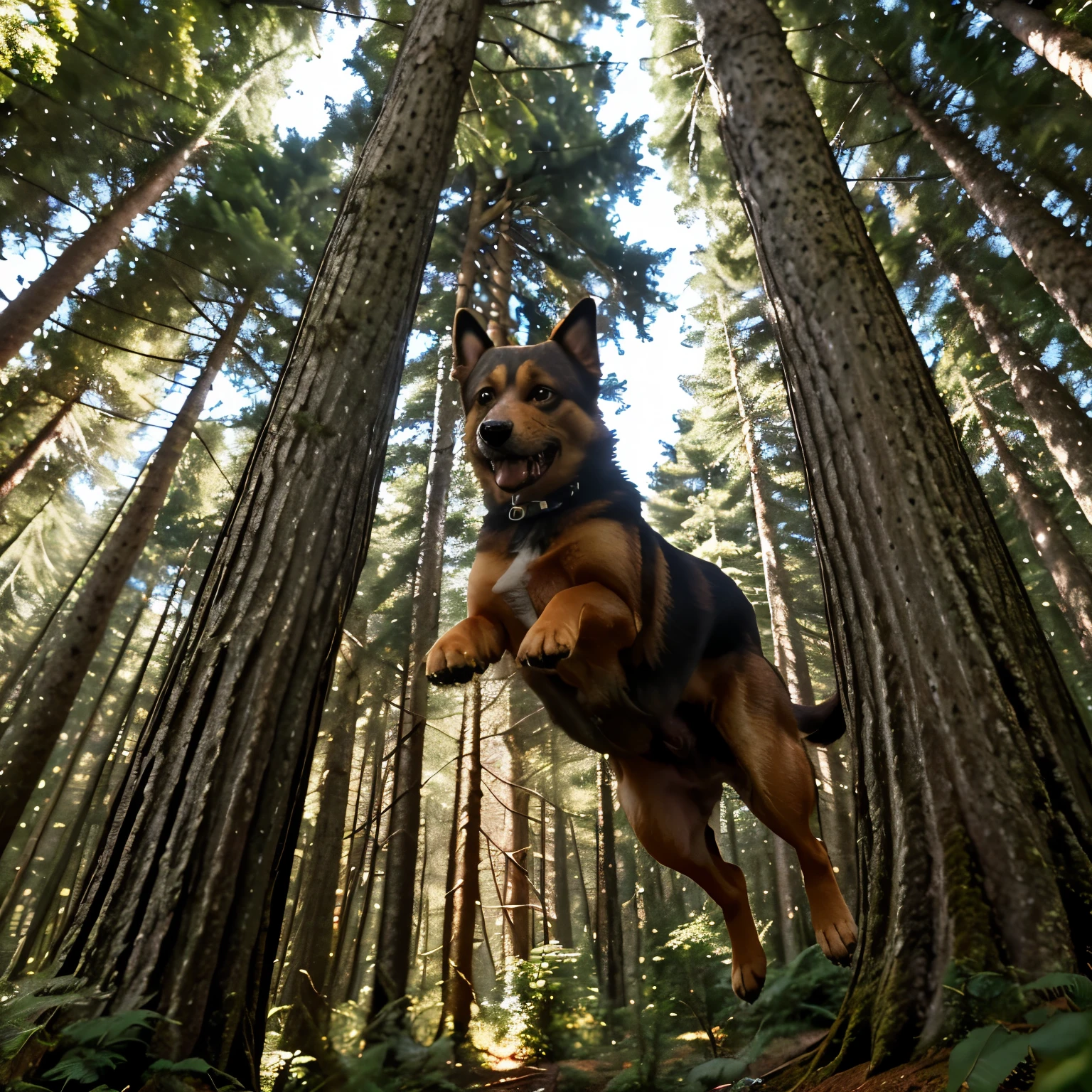 Image of a dog flying between tall trees in a forest, usando uma capa que flutua ao vento, enquanto emite uma aura brilhante ao redor de seu corpo para representar seus poderes.