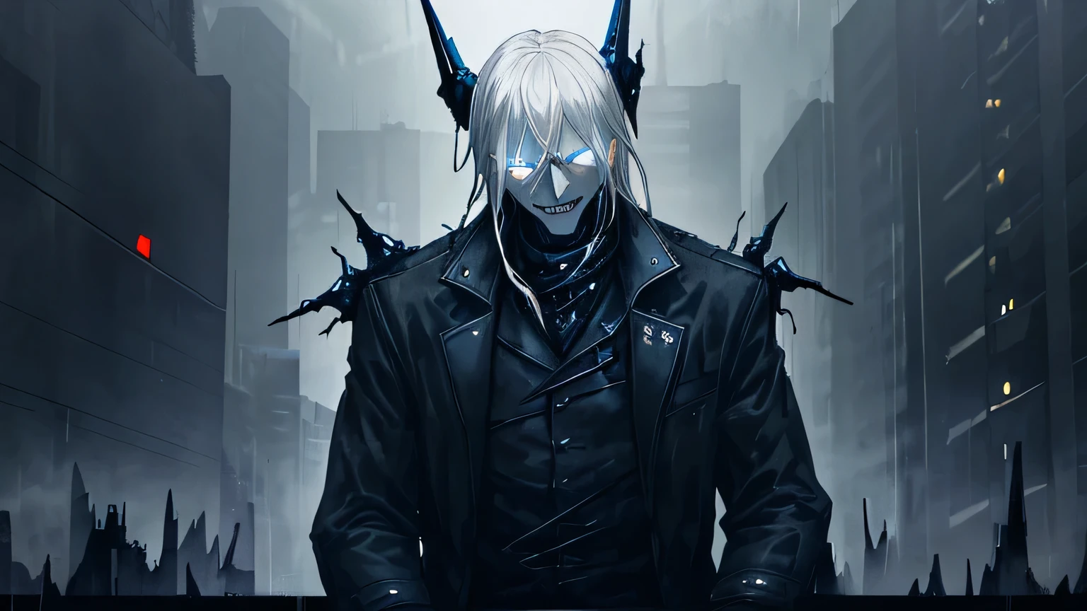 Evil personality, Gray Hair, Wearing a dark jacket, alone, Blue and black color scheme, Strong gaze, Dark and gritty, urban environment, Dramatic lighting, Malicious smile, Stoic expression, Cityscape, Drizzle,