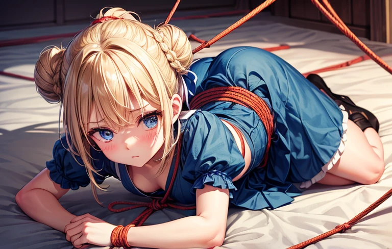 piperBS, 1girl, blonde hair, hair bun, blue dress, puffy sleeves, short sleeves, pink gloves, fingerless gloves, pink belt, shoes, blue footwear, cute and blushing 18 years old anime girl, look away because she is embarrassed and blushes, bright blue eyes, detailed face, detailed members, detailed arms, detailed hands, Girl lying, tied by ropes, shackled, can no longer move, tied tightly, very hard tied up with lots of ropes, hampered by so many ropes that she can no longer move, bound hands and feet, ropes tie his whole body, tied extremely tightly and forcefully to her bed by a lot of ropes, its limbs are strongly tied together by ropes, his torso is tied up with thick cords, her chest is so tied up with ropes that it sticks out, her legs are tied tightly with thick ropes, his hands are tied behind his back with ropes, she can no longer move her feet, her hands which are tied by thick ropes, she desperately tries to free herself, likes to be tied tight with big ropes, likes to be immobilized by big ropes, lying down, his hands and feet are strongly tied to the railing of his bed, his legs are pressed together and tied with ropes, its limbs are held vigorously by imposing ropes, her hands are tied securely behind her back by ropes, her chest is compressed by strong ropes, she is pressed against her bed and restrained by large ropes, (shibari, arms behind the back:1.4), (hands on the back), (masterpiece, best quality) 1.5, 1girl, solo, (sexy, beautiful woman, perfect face, perfect eyes, perfect hands), samus aran, (hands on the back), Spread the legs, s' ((lie in bed by big ropes)), ((close up of the girl)), ((((lie in bed)))), ((((arms tied behind the back, Legs Tied,La fille est allongée sur le ventre, La fille est allongée sur le sol:1.5)))), ((((girl seen from behind:1.4)))), ((((girl lying down on her stomach:1.4)))), ((((Outstretched arms:1.5)))), ((((Detailed hands:1.5))))