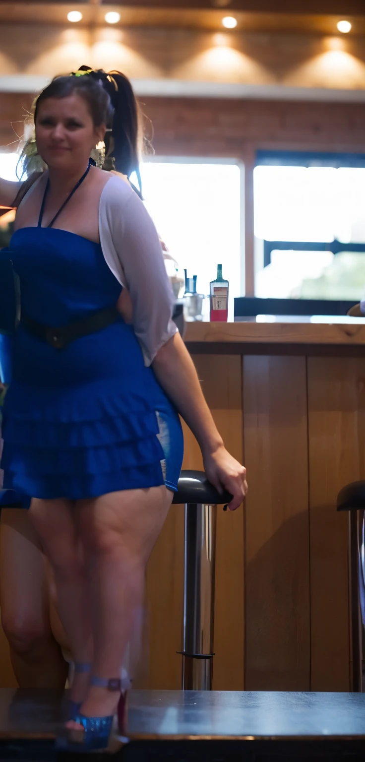 A plump girl with wide hips stands at the bar counter