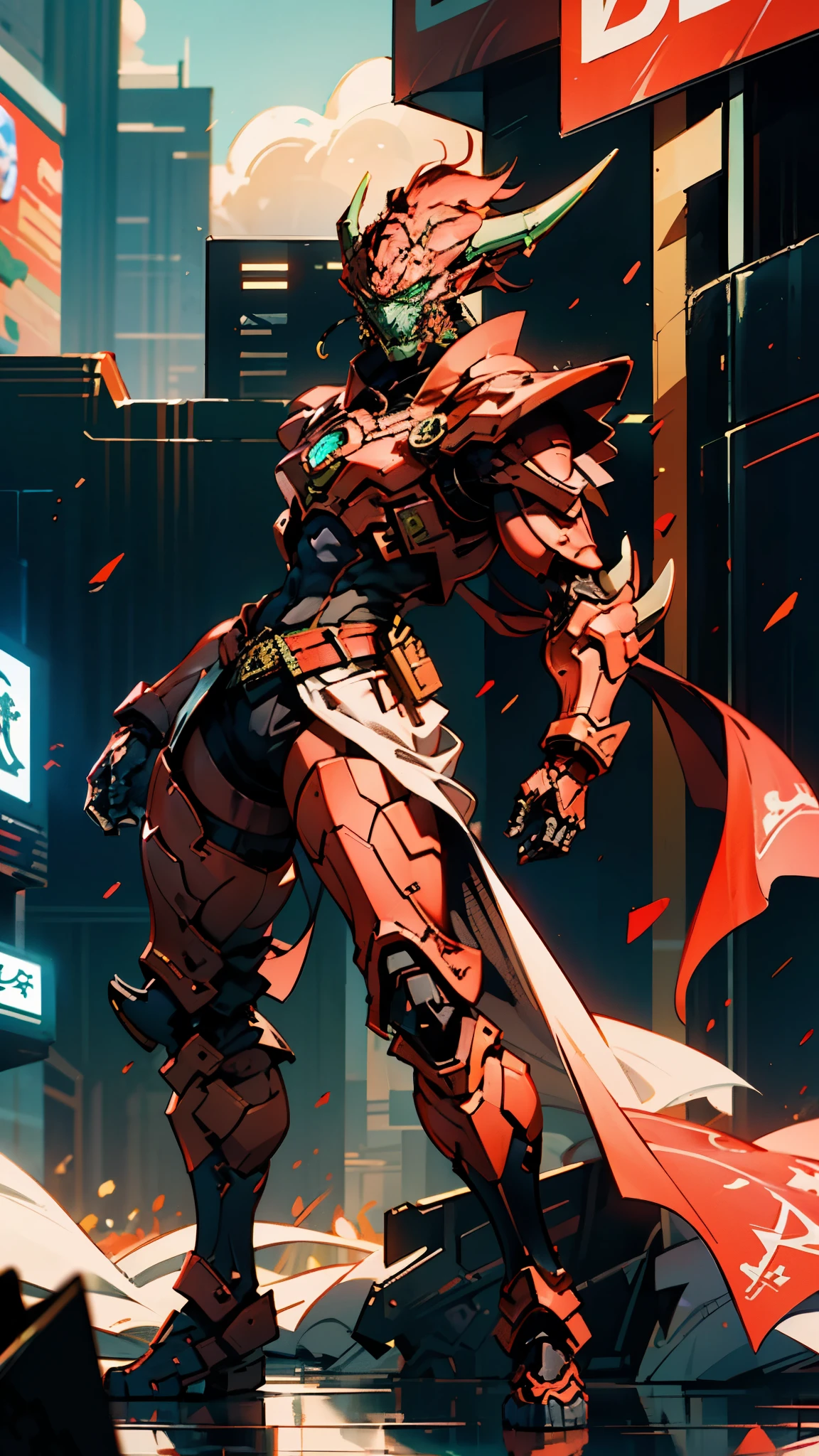 A man wearing a full-face helmet, a fantasy-style biotech armored combat suit, green eyes, (a composite layered chest armor), fully enclosed shoulder guards, matching arm and leg guards, the belt is adorned with dragon claw grasping orbs, (primarily black with red accents), the design balances heavy with agility, a high-tech bio-mecha armor, (Dynastinae concept Armor, stand on the top of a skyscraper in a futuristic sci-fi city), this character embodies a finely crafted fantasy-surreal style armored hero in anime style, exquisite and mature manga art style, (element, plasma, energy, the armor glows), ((male:1.5)), metallic, real texture material, dramatic, high definition, best quality, highres, ultra-detailed, ultra-fine painting, extremely delicate, professional, perfect body proportions, golden ratio, anatomically correct, symmetrical face, extremely detailed eyes and face, high quality eyes, creativity, RAW photo, UHD, 32k, Natural light, cinematic lighting, masterpiece-anatomy-perfect, masterpiece:1.5