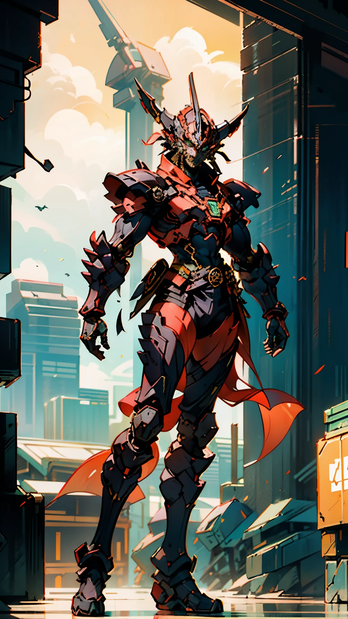 A man wearing a full-face helmet, a fantasy-style biotech armored combat suit, green eyes, (a composite layered chest armor), fully enclosed shoulder guards, matching arm and leg guards, the belt is adorned with dragon claw grasping orbs, (primarily black with red accents), the design balances heavy with agility, a high-tech bio-mecha armor, (Dynastinae concept Armor, stand on the top of a skyscraper in a futuristic sci-fi city), this character embodies a finely crafted fantasy-surreal style armored hero in anime style, exquisite and mature manga art style, (element, plasma, energy, the armor glows), ((male:1.5)), metallic, real texture material, dramatic, high definition, best quality, highres, ultra-detailed, ultra-fine painting, extremely delicate, professional, perfect body proportions, golden ratio, anatomically correct, symmetrical face, extremely detailed eyes and face, high quality eyes, creativity, RAW photo, UHD, 32k, Natural light, cinematic lighting, masterpiece-anatomy-perfect, masterpiece:1.5