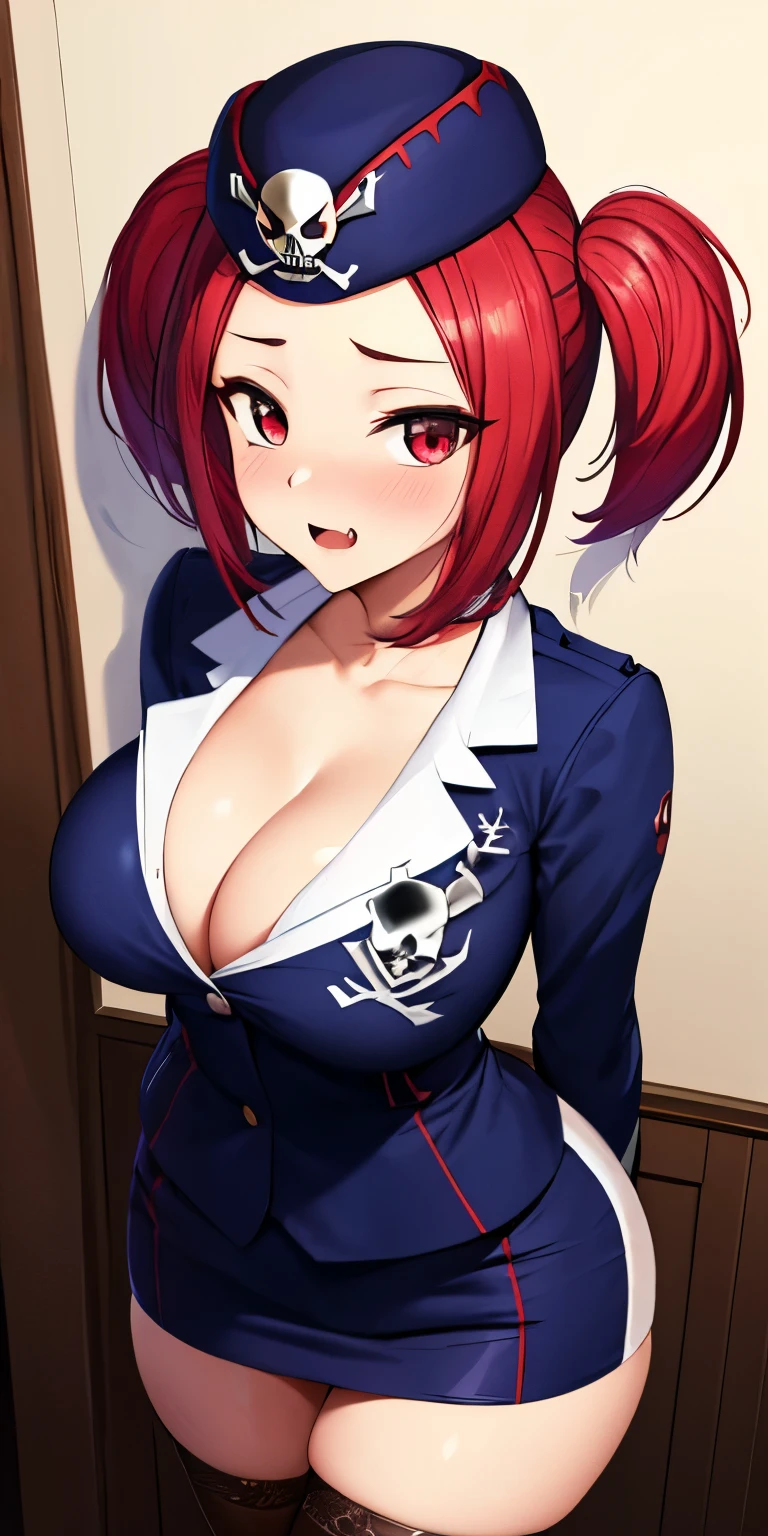 masterpiece, best quality, ultra-detailed, illustration,masterpiece, Best quality, high resolution, high resolution, 1girl, solo, red hair, red eyes, twintails, employee uniform, pencil skirt, tight skirt,miniskirt,skull print, navy cap, fang, black legwear, white gloves,beautiful detailed eyes, looking at viewer in a seductive look, close up, (breast focus), (arms behind back:1.2), (from above:1.1),big sized breasts, attempt to seduce,blush, cleavage ,(wide thighs), perfect skull