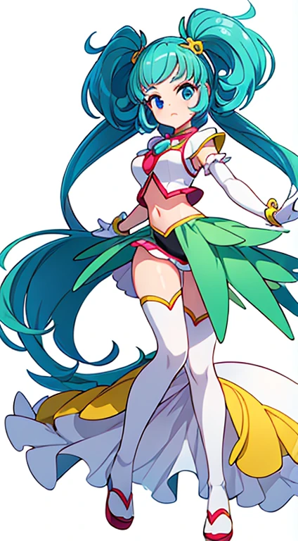 (((Best Quality))) , ((full body)), female, reference sheet, solo, (white background), precure costume, midriff, gloves,