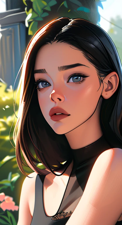 A beautiful young woman, combination of Ashley Greene:0.95,Mackenzie Foy:0.7,  Selma Blair:0.8, line art, high-quality ink drawing, ultra-detailed, realistic shading, detailed features, vibrant colors, soft lighting, traditional oil painting style, intense gaze, flowing hair, elegant pose, garden background. (best quality, highres, ultra-detailed), realistic:1.37, HDR, vivid colors, soft lighting
