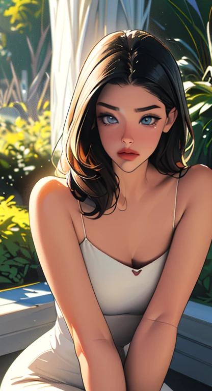 A beautiful young woman, combination of Ashley Greene:0.95,Mackenzie Foy:0.7, Selma Blair:0.8, line art, high-quality ink drawing, ultra-detailed, realistic shading, detailed features, vibrant colors, soft lighting, traditional oil painting style, intense gaze, flowing hair, elegant pose, garden background. (best quality, highres, ultra-detailed), realistic:1.37, HDR, vivid colors, soft lighting