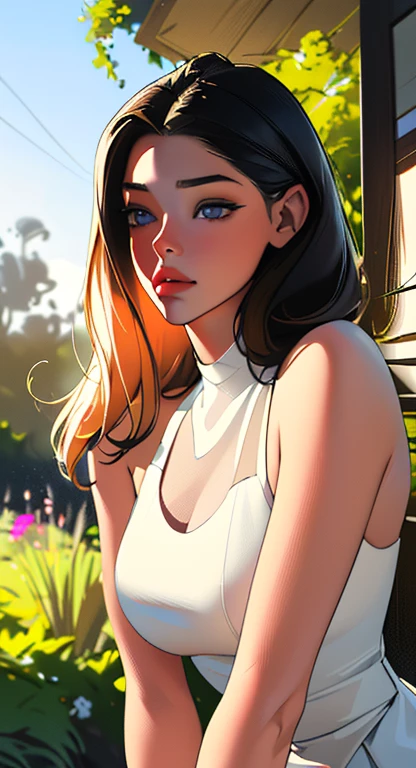 A beautiful young woman, combination of Ashley Greene:0.95,Mackenzie Foy:0.7,  Selma Blair:0.8, line art, high-quality ink drawing, ultra-detailed, realistic shading, detailed features, vibrant colors, soft lighting, traditional oil painting style, intense gaze, flowing hair, elegant pose, garden background. (best quality, highres, ultra-detailed), realistic:1.37, HDR, vivid colors, soft lighting