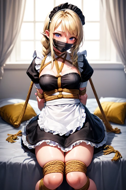 Shiny blond hair, very long hair, sophisticated haircut, ((((hair fully braided)))), ((small twisted braids)), thin and oval face, submissive, (((gagged))), ((((very cute maid girl)))), ((((very cute black maid dress)))), ((((cute waitress serving a blond man)))), cute and blushing 18 years old anime girl, look away because she is embarrassed and blushes, bright blue eyes, detailed face, detailed members, detailed arms, detailed hands, ((((sparkling diamond jewelry)))), tiara, ((makeup)), high heels, puffy sleeves, long gloves, long eyelashes, maid costume, maid dress, maid girl, Girl lying, tied by ropes, shackled, can no longer move, tied tightly, very hard tied up with lots of ropes, hampered by so many ropes that she can no longer move, bound hands and feet, ropes tie his whole body, tied extremely tightly and forcefully to her bed by a lot of ropes, its limbs are strongly tied together by ropes, his torso is tied up with thick cords, her chest is so tied up with ropes that it sticks out, her legs are tied tightly with thick ropes, his hands are tied behind his back with ropes, she can no longer move her feet, her hands which are tied by thick ropes, she desperately tries to free herself, likes to be tied tight with big ropes, likes to be immobilized by big ropes, lying down, his hands and feet are strongly tied to the railing of his bed, his legs are pressed together and tied with ropes, its limbs are held vigorously by imposing ropes, her hands are tied securely behind her back by ropes, her chest is compressed by strong ropes, she is pressed against her bed and restrained by large ropes (shibari, arms behind the back:1.4), (hands on the back), (masterpiece, best quality) 1.5, 1girl, solo, (sexy, beautiful woman, perfect face, perfect eyes, perfect hands), samus aran, (shibari, arms behind the back:1.4), (hands on the back), Spread the legs, s' ((lie in bed by big ropes)), ((close up of the girl)), ((((lie in bed))))