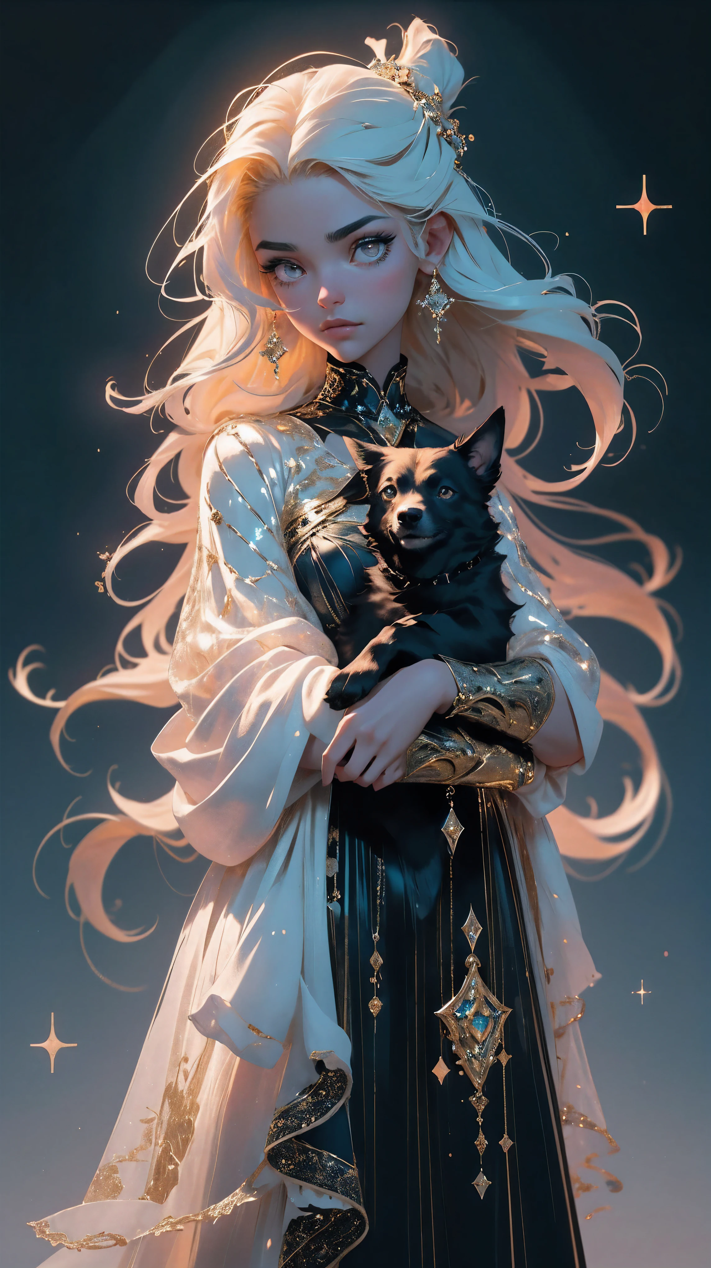 (best quality:1.2,ultra-detailed,realistic:1.37), beautiful girl holding a black dog standing in a mesmerizing dark fantasy art background. The girl has long, flowing black hair and is dressed in an elegant black dress. Her eyes are captivating, with rich detail and depth. The black dog she holds in her arms is sleek and shiny, with a glossy coat that reflects the surrounding light. The dog's eyes are also filled with intricate details, almost like little universes within themselves. The atmosphere is mysterious, with a touch of surrealism, as if the girl and the dog exist in a realm of their own. The lighting is soft and ethereal, casting delicate shadows and highlighting the exquisite details of both the girl and the dog. The color palette consists of deep, dark tones, creating a sense of enchantment and intrigue. The overall composition is carefully crafted, with a focus on capturing the essence of beauty and the bond between the girl and her faithful companion.