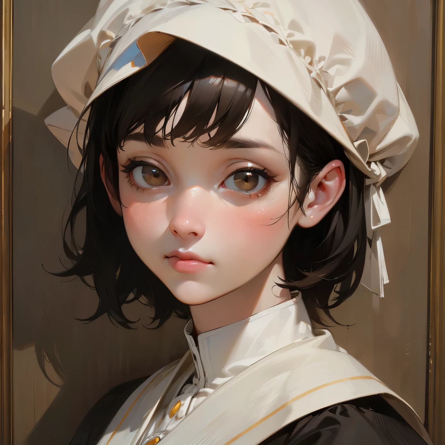 (best quality,highres,realistic:1.37),portrait,white stuffed girl,short black hair,round face,detailed brown eyes,19th century painting