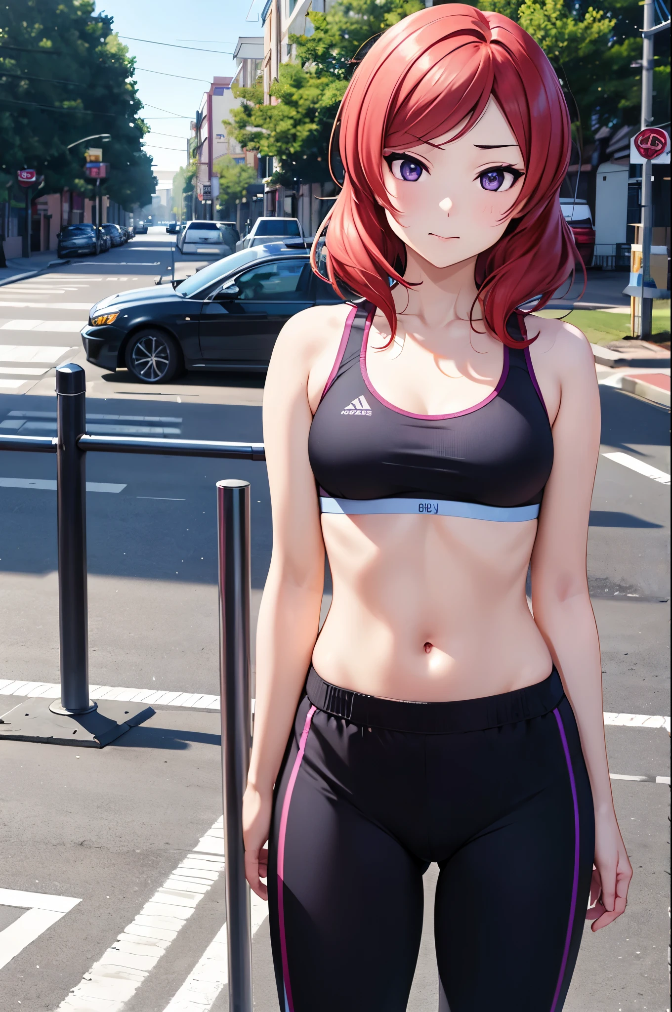 Nishikino maki, purple eyes, gym bra,brief, standing in n street, early morning,after workout