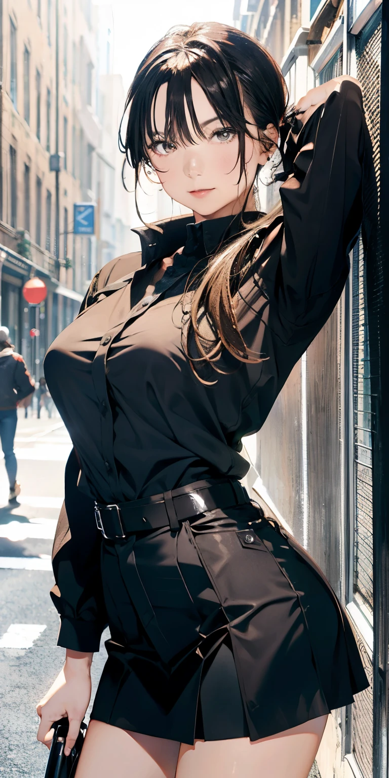 Absurd resolution, A high resolution, (tmasterpiece:1.4), ((gigantic braests)), ultra - detailed, 1girll, brown color eyes, cabelos preto e longos，Wear a police uniform and a short skirt, the city street,sexyposture, The camera is close to the body