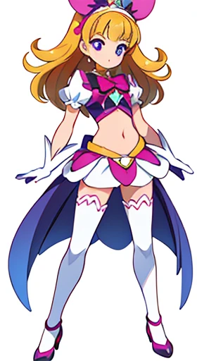 (((Best Quality))) , ((full body)), female, reference sheet, solo, (white background), precure costume, midriff, gloves,