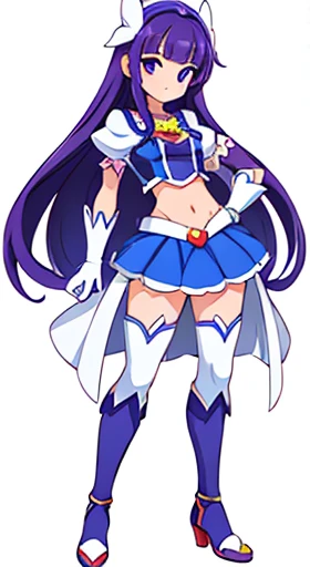 (((Best Quality))) , ((full body)), female, reference sheet, solo, (white background), precure costume, midriff, gloves,