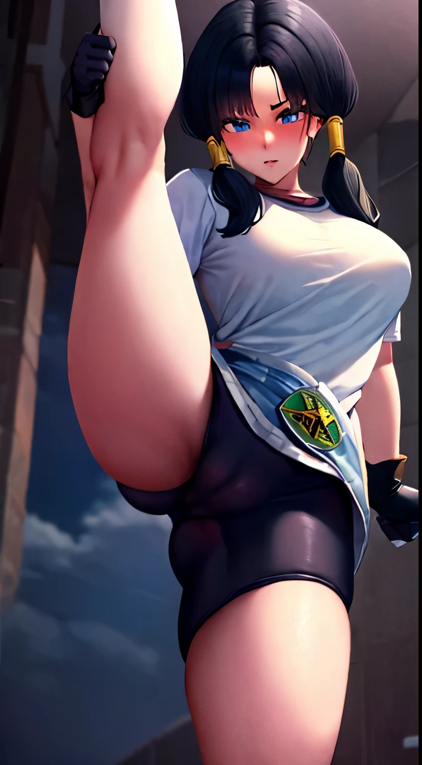 Lifting leg up, leg up, Standing Split, Videl's breasts measure 106 cm, masterpiece, best quality, highres, videl2, solo, blue eyes, black hair, twintails, black gloves, bike_shorts, bangs, white shirt, badge, cowboy shot, frown, hand on hip, leaning forward, pointing at viewer, Big Breasts , opening your legs, Nsfw , Focus crotch, detailed and sexy crotch , vulva Nsfw , Swollen vulva, big and voluptuous crotch vulva , Super tight shorts that highlight the vulva , POV