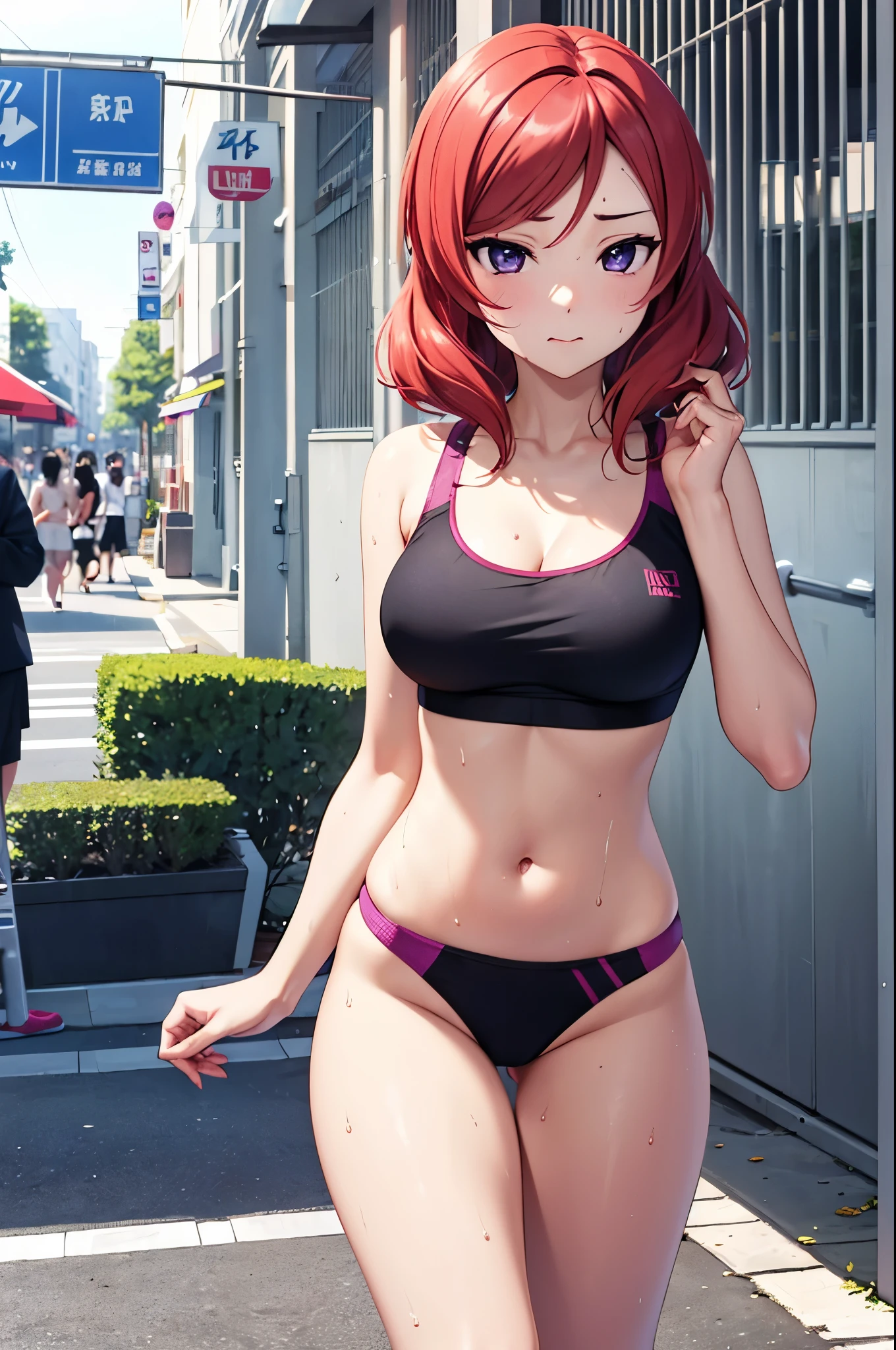 Nishikino maki, purple eyes, gym bra, buruma bottom, standing in n street, early morning, sweating 