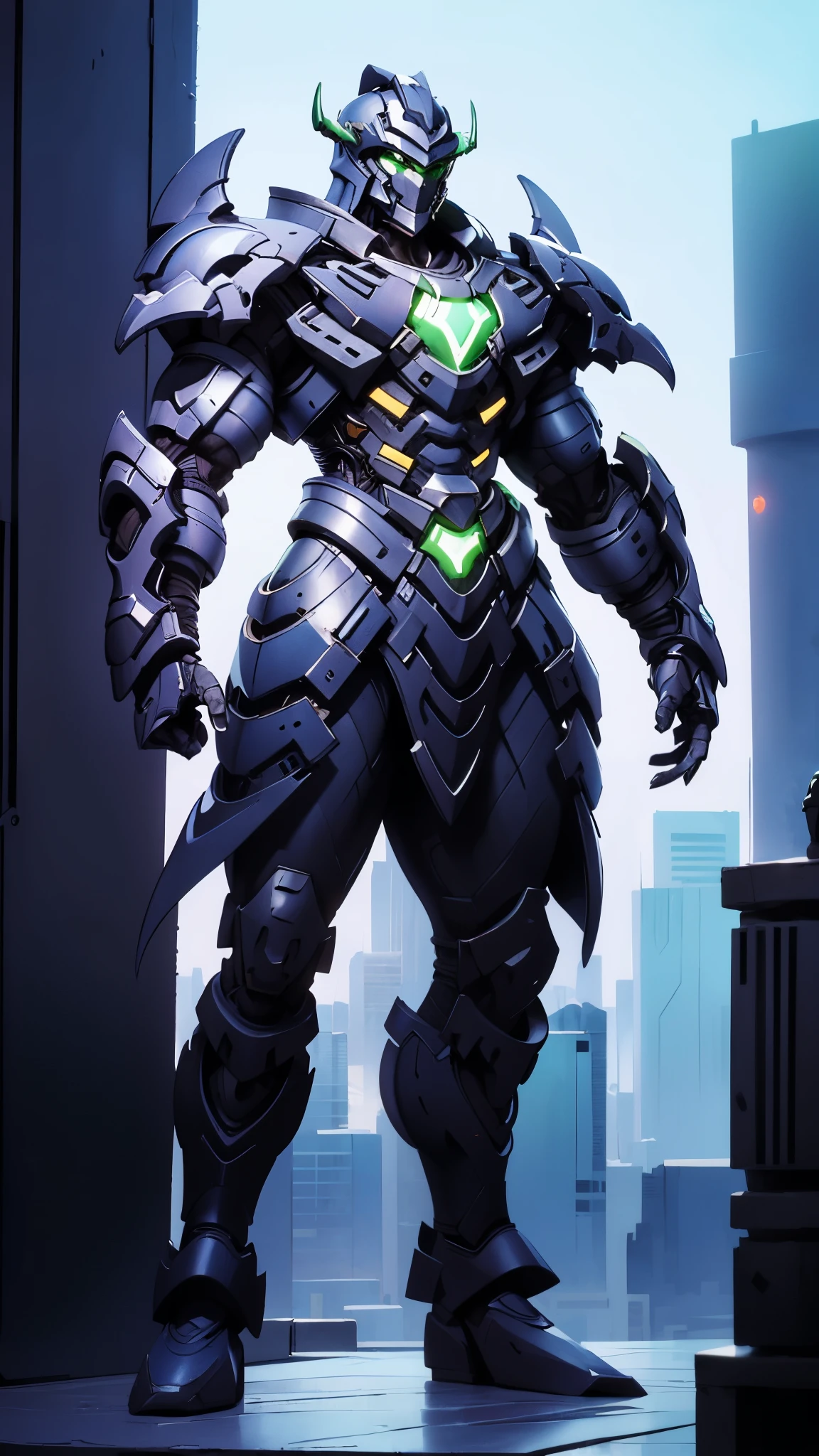 A man wearing a full-face helmet, a fantasy-style biotech armored combat suit, green eyes, (a composite layered chest armor), fully enclosed shoulder guards, matching arm and leg guards, the belt is adorned with dragon claw grasping orbs, (primarily black with red accents), the design balances heavy with agility, a high-tech bio-mecha armor, (Dynastinae concept Armor, stand on the top of a skyscraper in a futuristic sci-fi city), this character embodies a finely crafted fantasy-surreal style armored hero in anime style, exquisite and mature manga art style, (element, plasma, energy, the armor glows), ((male:1.5)), metallic, real texture material, dramatic, high definition, best quality, highres, ultra-detailed, ultra-fine painting, extremely delicate, professional, perfect body proportions, golden ratio, anatomically correct, symmetrical face, extremely detailed eyes and face, high quality eyes, creativity, RAW photo, UHD, 32k, Natural light, cinematic lighting, masterpiece-anatomy-perfect, masterpiece:1.5