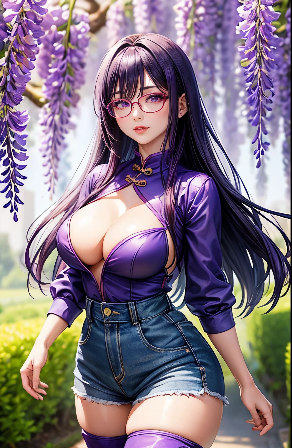 Chinese Idol Cute Mature Woman The spring wind blows large amount of wisteria flowers Lavender Fields Purple hair with bangs Hair blowing in the wind Rimless glasses Bright red rouge lips Big Breasts Wet purple shirt Blue denim hot pants (Knee-high boots) Turn around with your back Sit with your buttocks sticking out Turn around and make eye contact Photorealistic Happy expression Duck mouth masterpiece Depicted from below