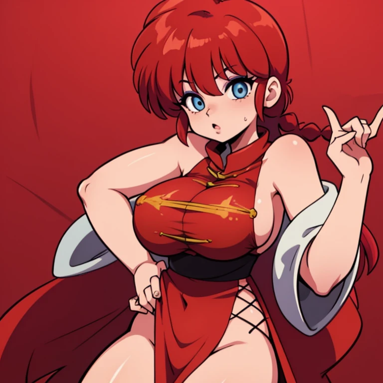 RanmaChan, cabello rojo, Cabello con trenza, ojos azules, ojos detallados, gateando en el piso, Costume】【Cosplay】More Revealing Sideless China Dress