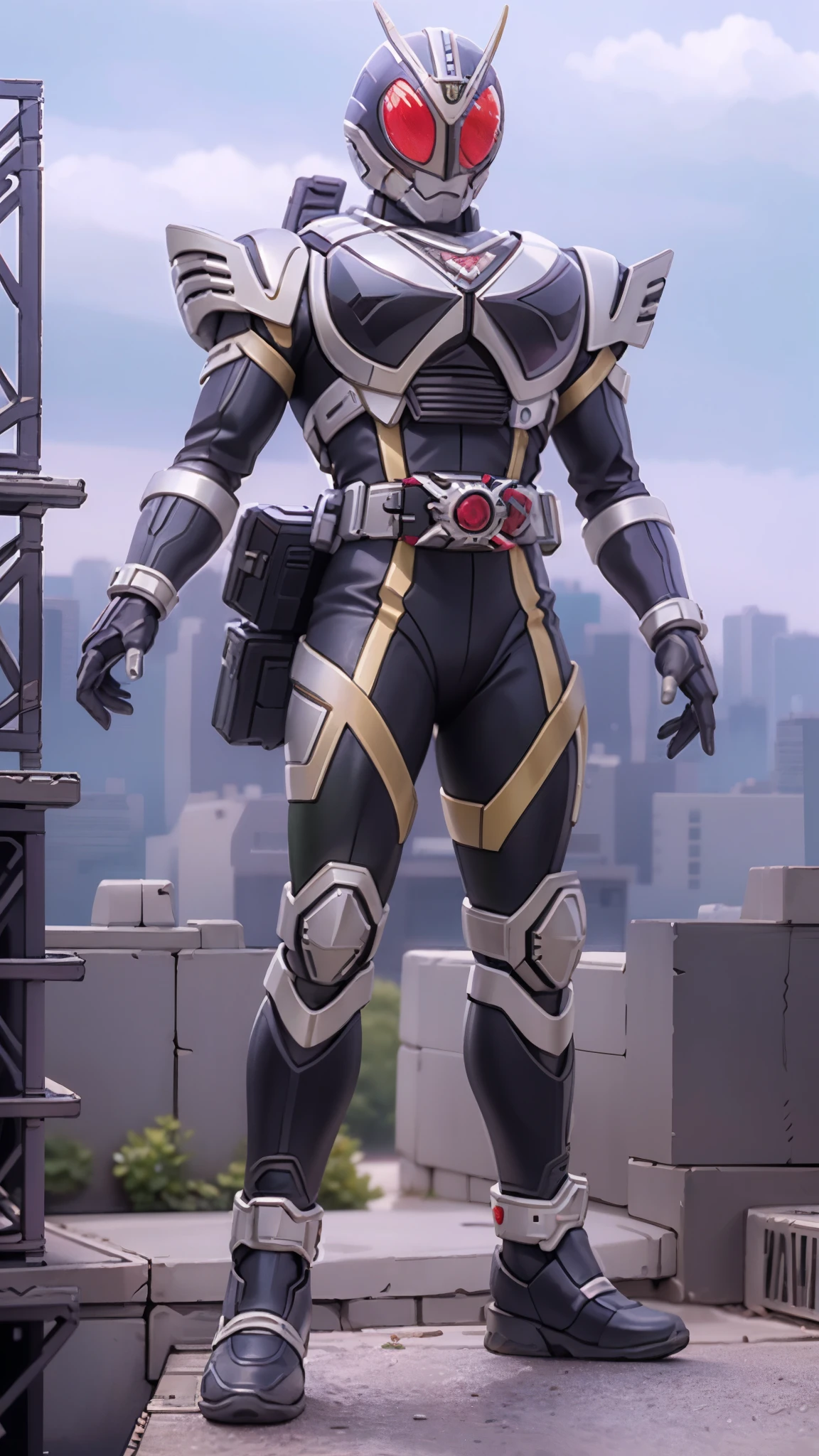 A man wearing a full-face helmet, a fantasy-style biotech armored combat suit, green eyes, (a composite layered chest armor), fully enclosed shoulder guards, matching arm and leg guards, the belt is adorned with dragon claw grasping orbs, (primarily black with red accents), the design balances heavy with agility, a high-tech bio-mecha armor, (Dynastinae concept Armor, stand on the top of a skyscraper in a futuristic sci-fi city), this character embodies a finely crafted fantasy-surreal style armored hero in anime style, exquisite and mature manga art style, (element, plasma, energy, the armor glows), ((male:1.5)), metallic, real texture material, dramatic, high definition, best quality, highres, ultra-detailed, ultra-fine painting, extremely delicate, professional, perfect body proportions, golden ratio, anatomically correct, symmetrical face, extremely detailed eyes and face, high quality eyes, creativity, RAW photo, UHD, 32k, Natural light, cinematic lighting, masterpiece-anatomy-perfect, masterpiece:1.5