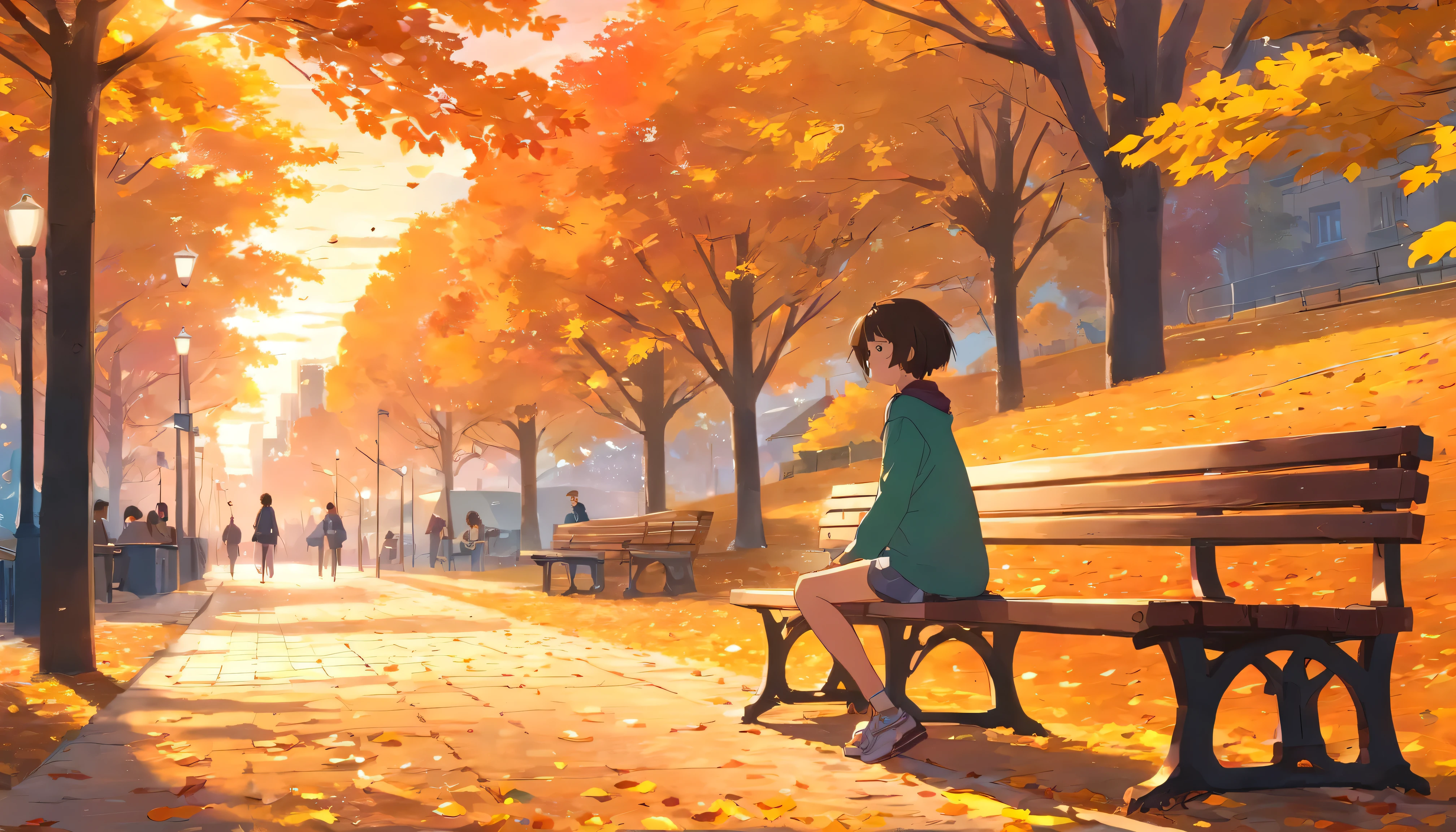 Autumn colors, Chica sentada en un banco en un parque, cabello ondeando al viento, atardecer, view of the city behind the park, the park is decorated for thanksgiving day, the pumpkins are in the park, Children playing in the park