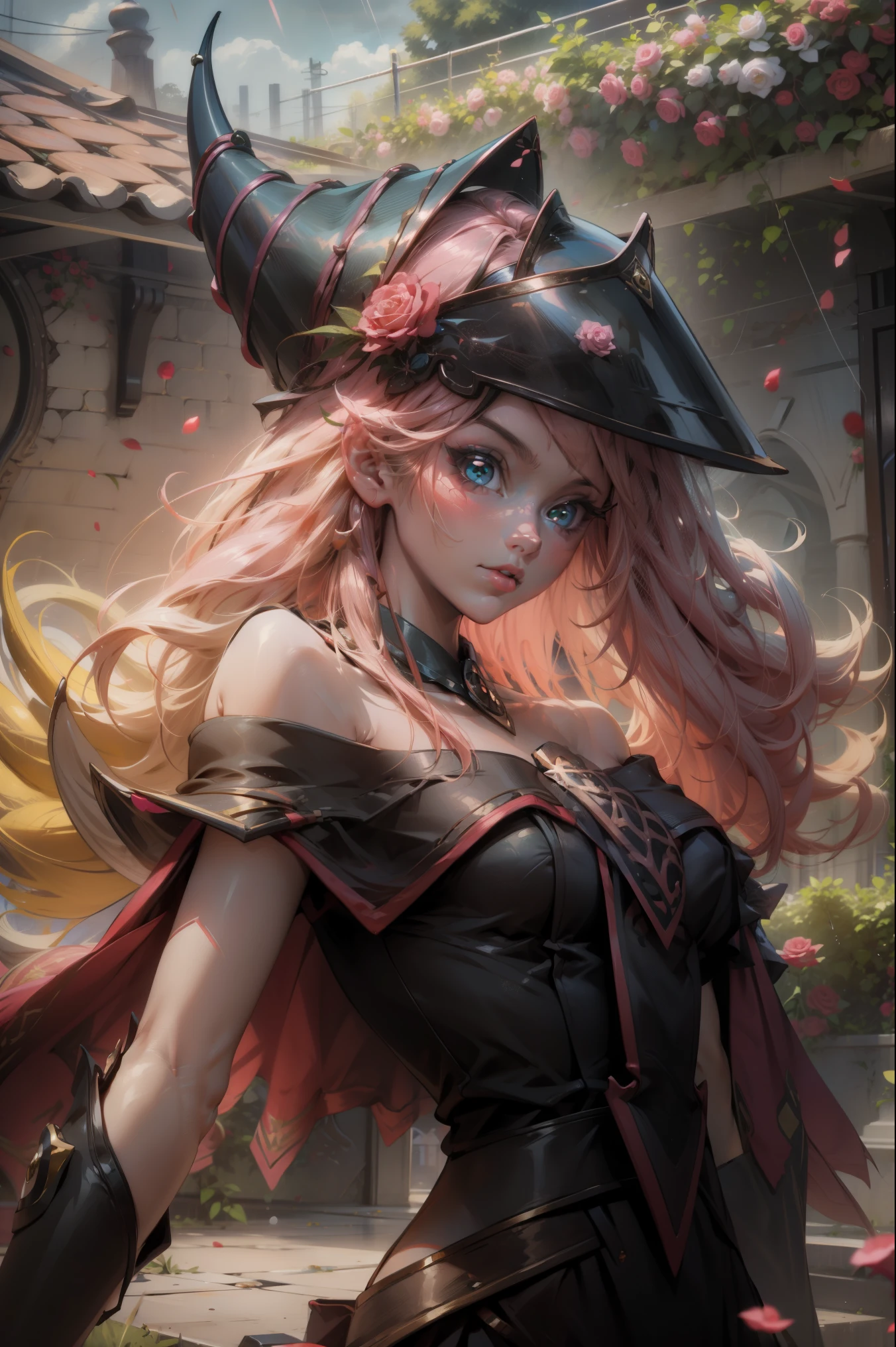 Hermosa dark magician gils. Joven con cabello corto y rubia. Ojos verdes. Labios rosados. She is in a garden of red roses. Rosas rojas la rodean. Pose y inocente. Fondo de rosas rojas y lluvia