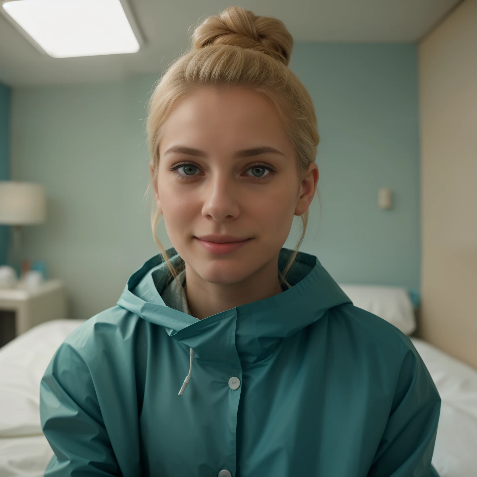 A Realistic Portrait, of a tenager girl, 13 years old (Lady Oscar=, blonde hair,, in hospital bed, Beautiful, detailed face, detailed eyes, (realistic skin:1.3), (pale skin:1.1), (textured skin:1.3), (()), big smile, (iphone photograph), (perfect small breasts:1.1), sitting on naked 15 year old boy), (artificial lighting:1.3),  looking at the camera, perfect slim body, amateur Photography, Photorealistic, Detailed, analog, poor quality, grainy, sitting in hospital bed, wearing long teal nylon raincoat,  naked under opened  teal nylon raincoat, wide angle, showing full body, short hair tied up, hair bun, hair tied as chignon