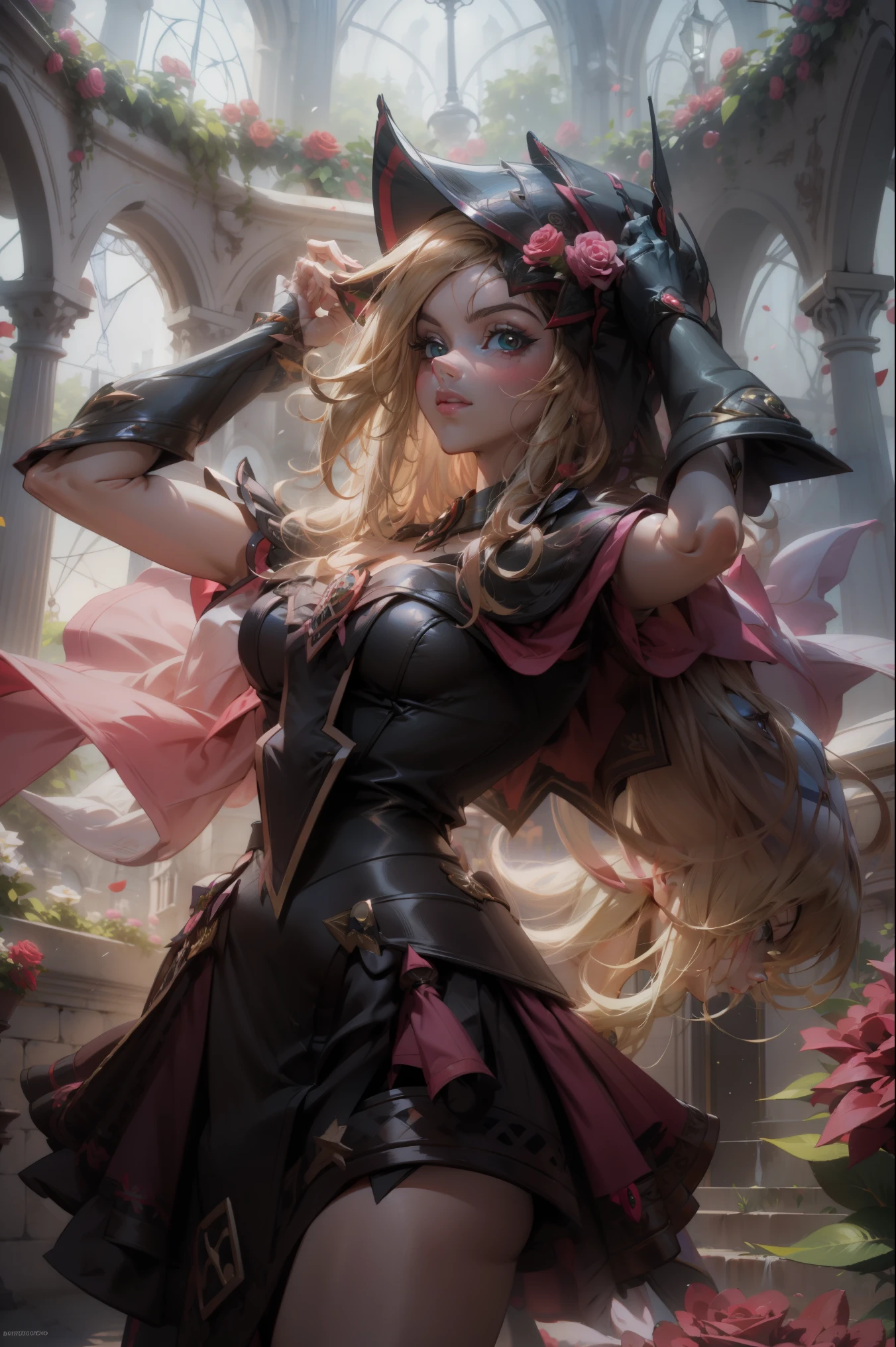 Hermosa dark magician gils. Joven con cabello corto y rubia. Ojos verdes. Labios rosados. She is in a garden of red roses. Rosas rojas la rodean. Pose  y inocente. Fondo de rosas rojas y lluvia 