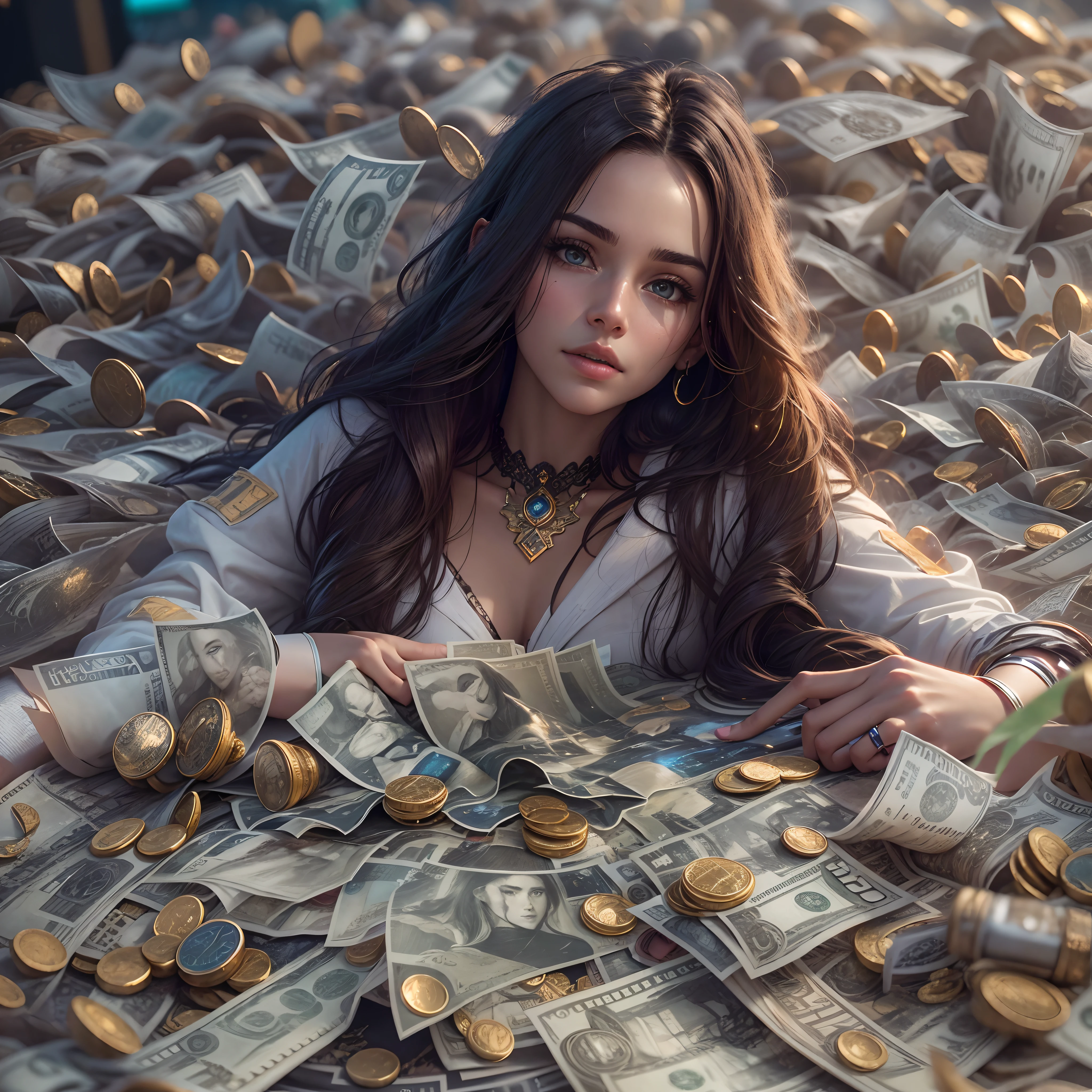 Top quality, Masterpiece, Extremely high accuracy, ((reality: 1.4), Raw image, 1 beautiful girl buried in money, ((painting)), Shiny skin, (تفاصيل reality للغاية)), الأوراق النقدية والعملات الmineية من جميع أنحاء العالم تغطي يديك وقدميك, As well as financial education. Long hair tied with a headband, Gold is attached to the neck, Sparkling jewels are attached to the head, Embodiment of octane, 8K, Extremely sharp, mine, Intricate decorative details, highly intricate details, Realistic light, Neon details, (Futuristic city in background), Facing the camera