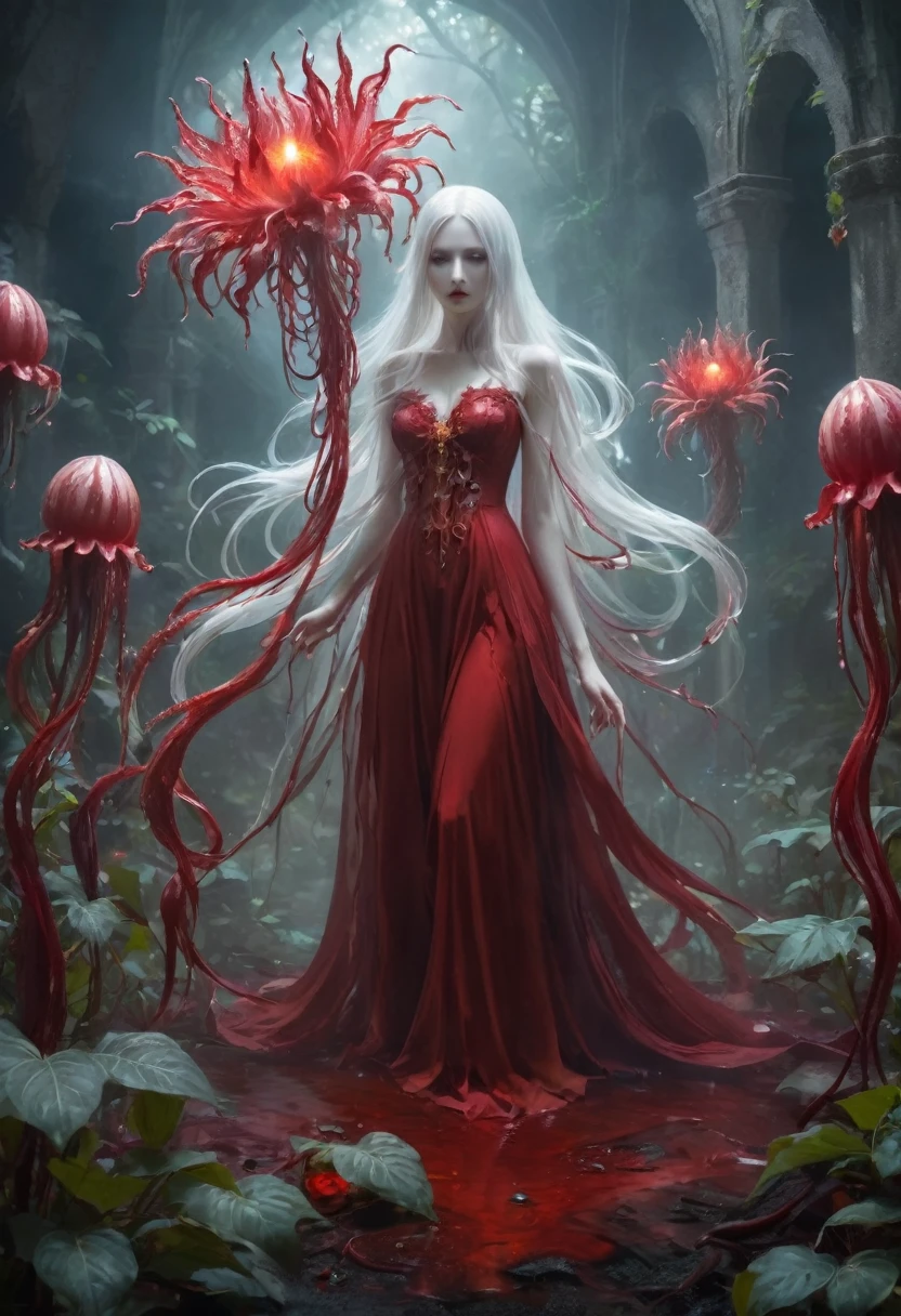 Magic plantloody ghost flower from the abyss, Ghost Flower,Blood-red tentacles stare at the dead,Enchantment,uncanny,terror