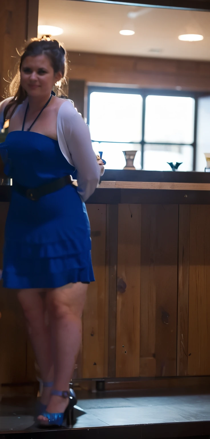 A stocky girl in a blue dress with a black belt stands at the bar counter on the left in a nightclub, a stocky girl in a black trouser suit and a protruding belly stands at the bar on the right